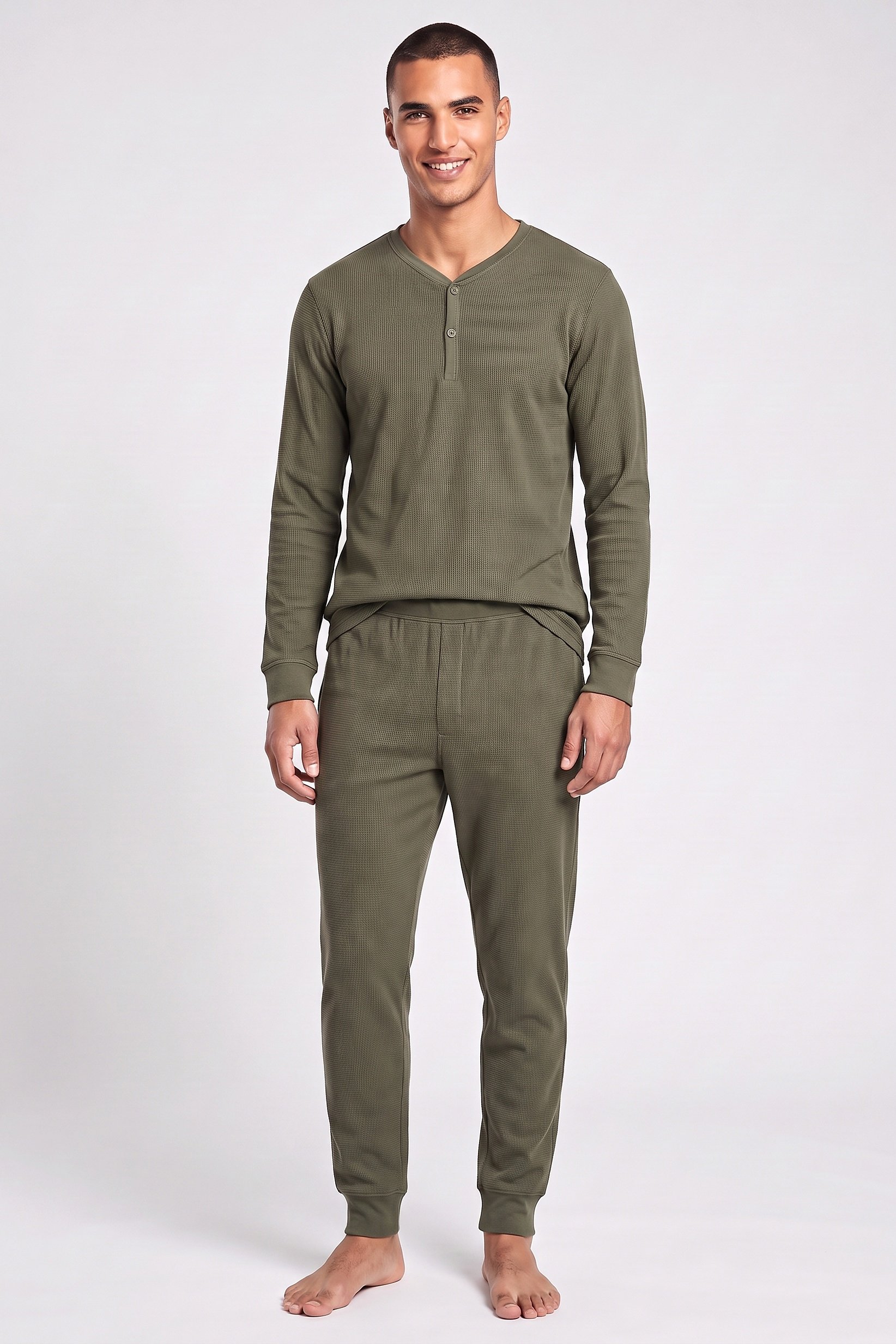Men 2 Pcs Textured Long Sleeve Top And Pants Sleepwear Set, Dark Olive