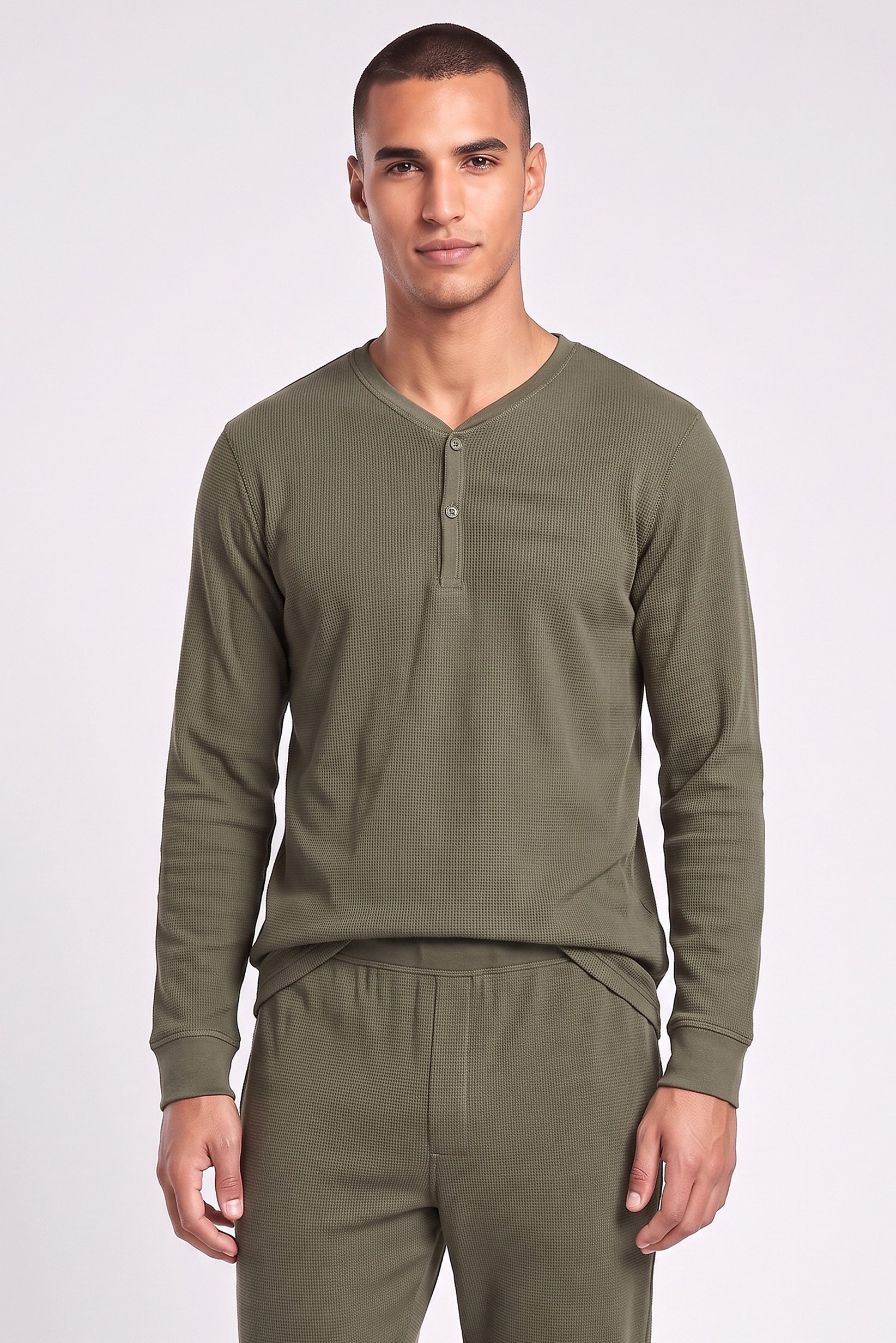 Men 2 Pcs Textured Long Sleeve Top And Pants Sleepwear Set, Dark Olive