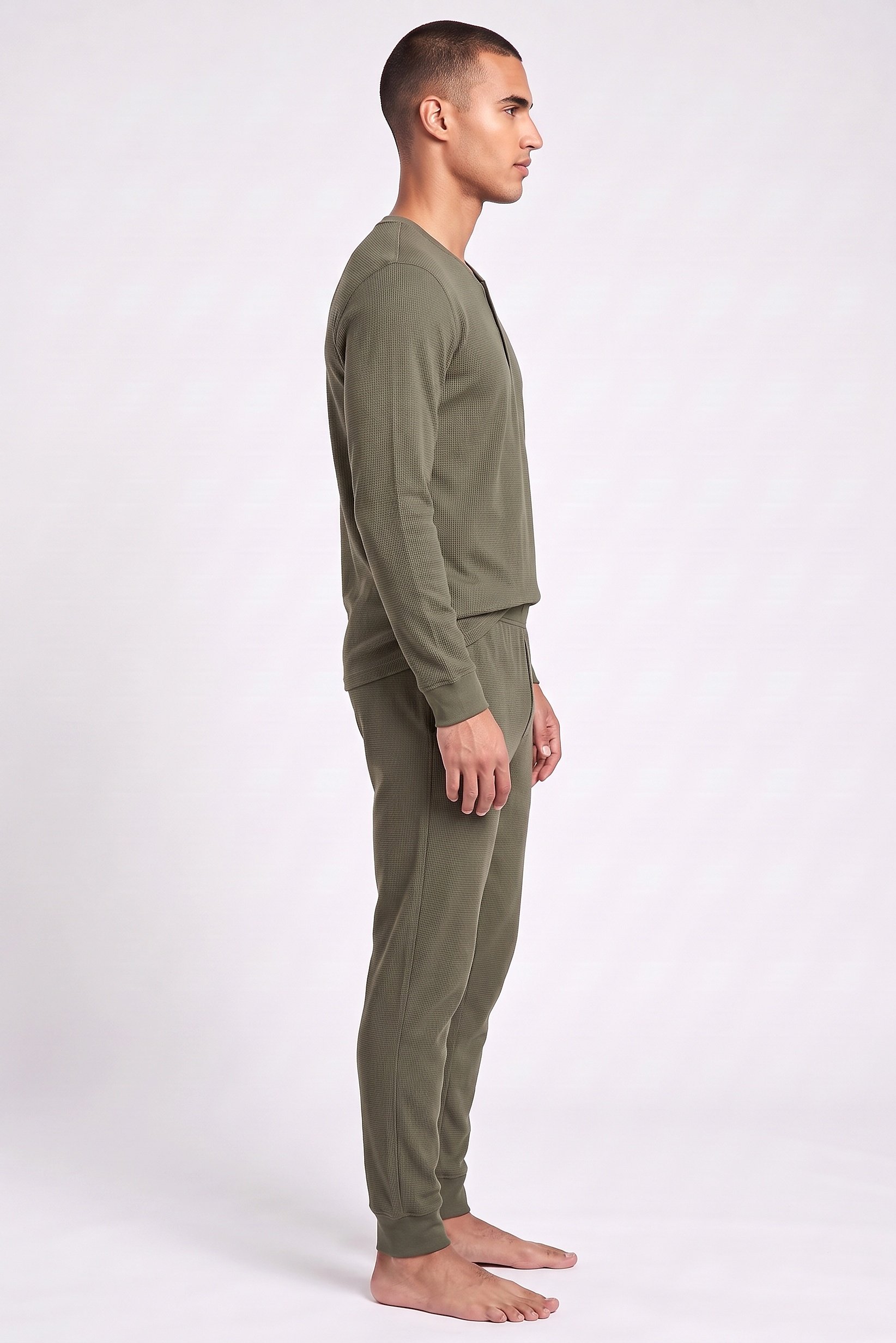 Men 2 Pcs Textured Long Sleeve Top And Pants Sleepwear Set, Dark Olive