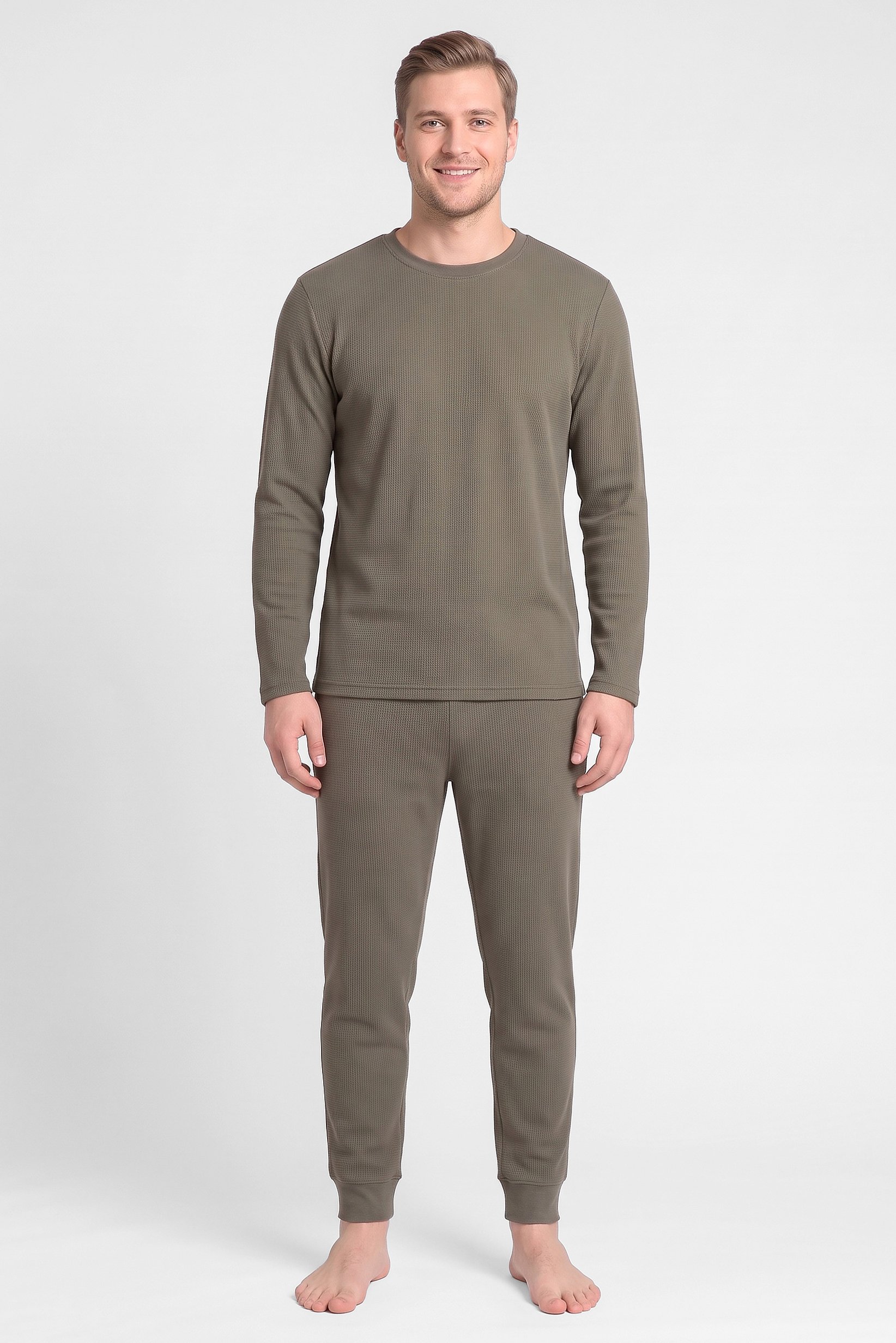 Men 2 Pieces Textured Long Sleeve T-Shirt And Pants Pajama Set, Green