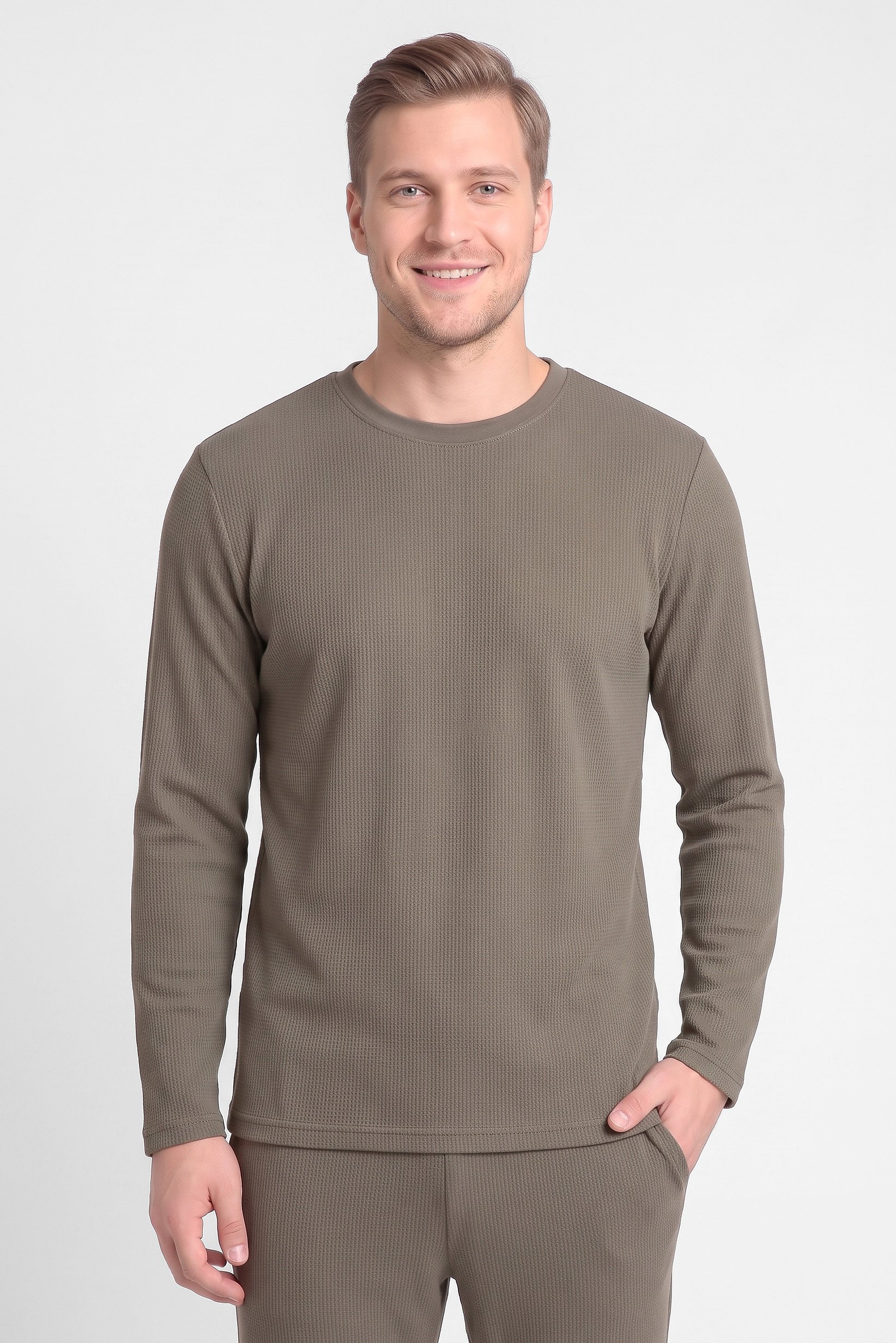 Men 2 Pieces Textured Long Sleeve T-Shirt And Pants Pajama Set, Green