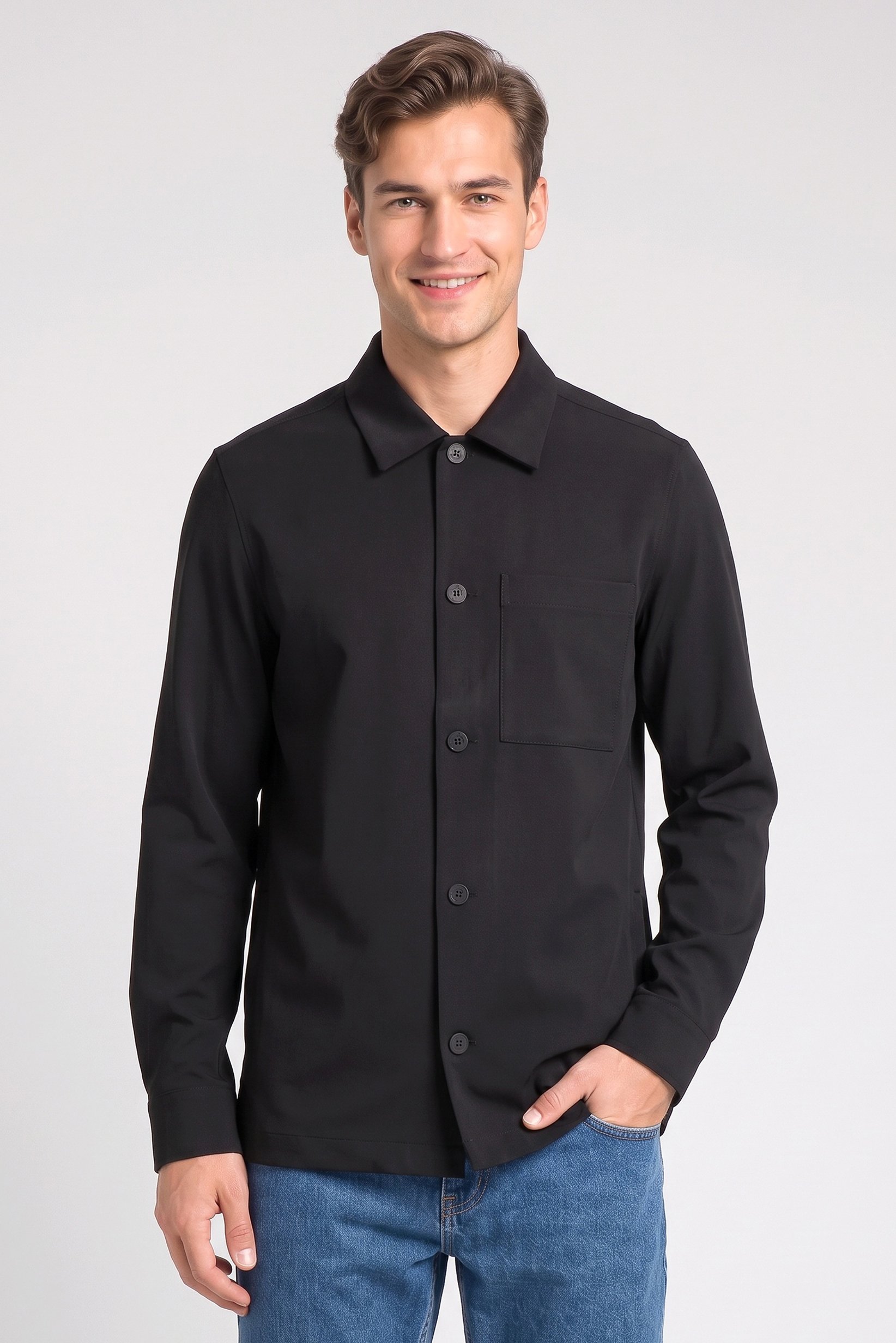 Men Regular Fit Long Sleeve Ribbed Casual Shirt, Black