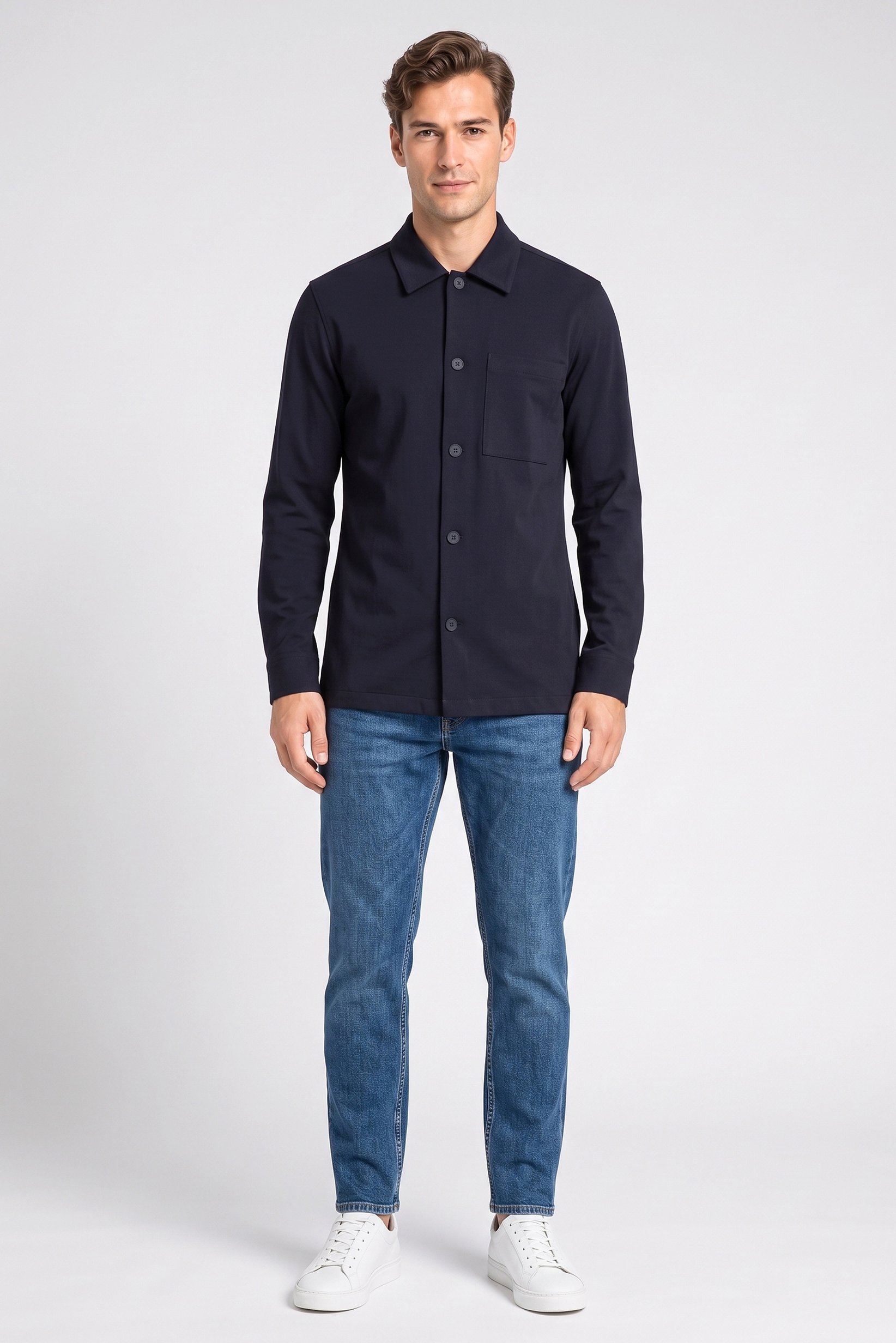 Men Regular Fit Long Sleeve Ribbed Casual Shirt, Dark Navy