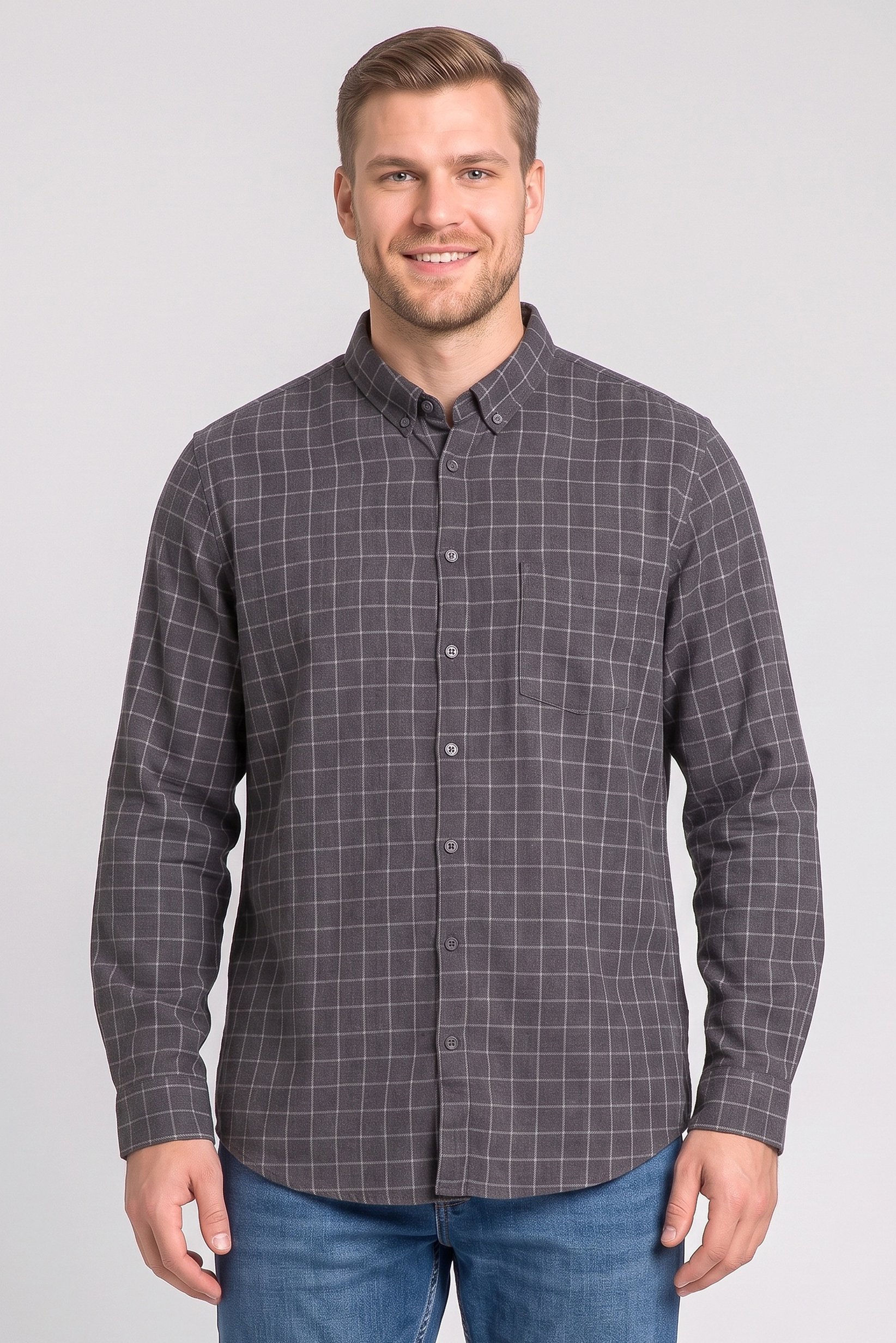 Men Regular Fit Checkered Long Sleeve Casual Shirt, Grey