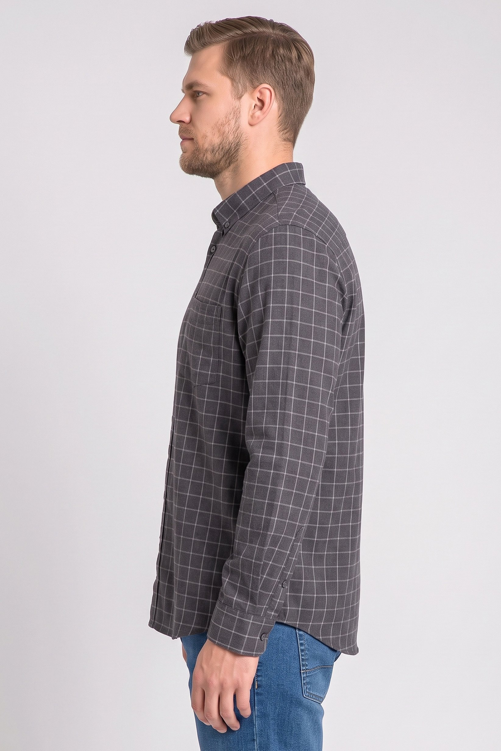 Men Regular Fit Checkered Long Sleeve Casual Shirt, Grey