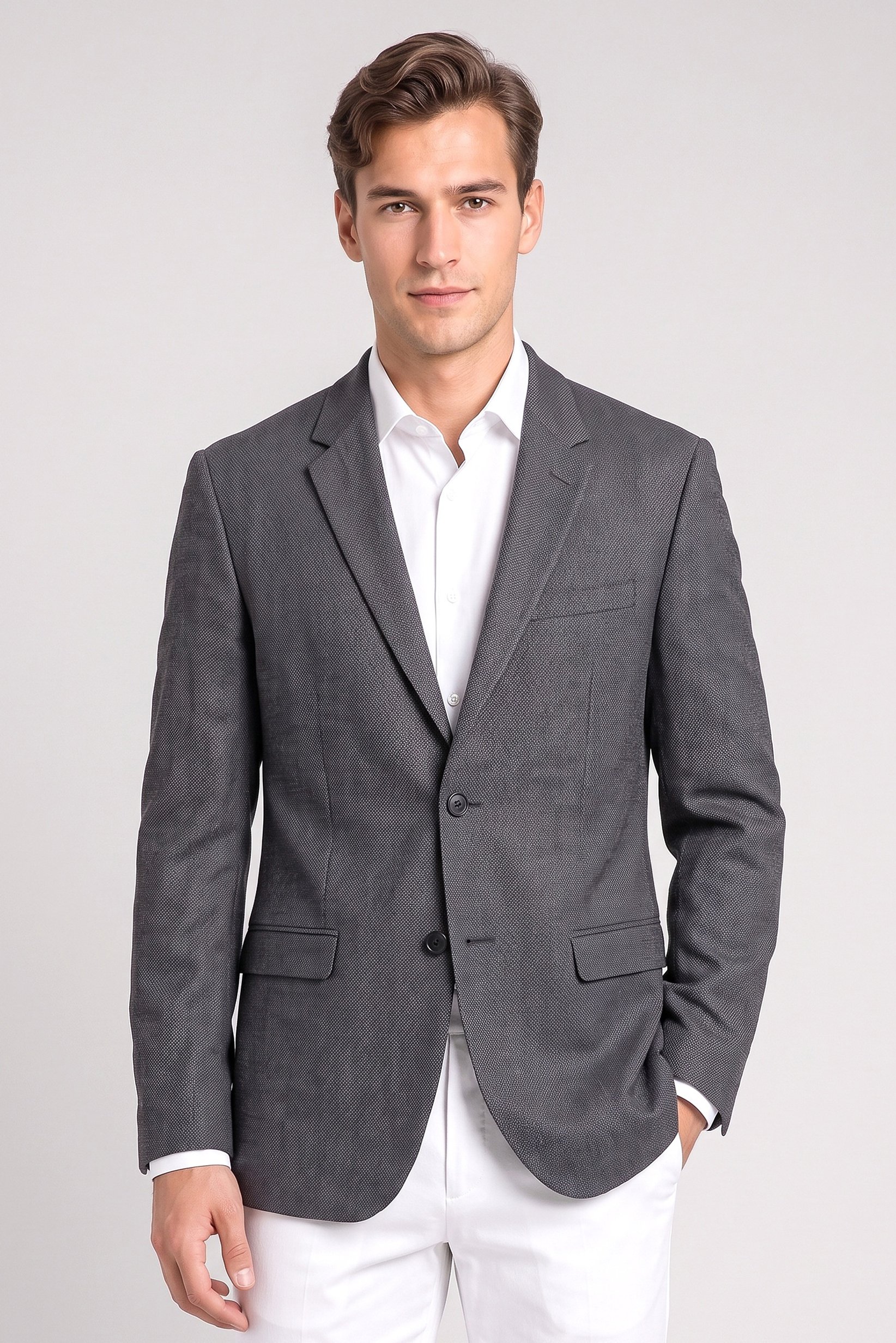Men Slim Fit Long Sleeve Plain Casual Blazer Jacket, Dark Grey