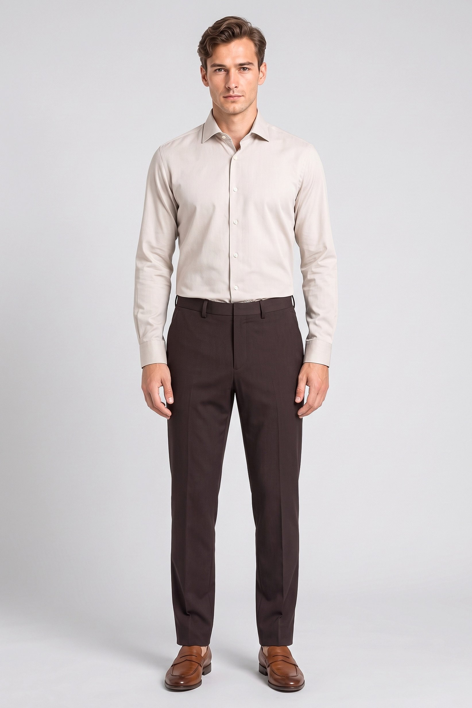 Men Slim Fit Solid Straight Leg Pants, Dark Brown