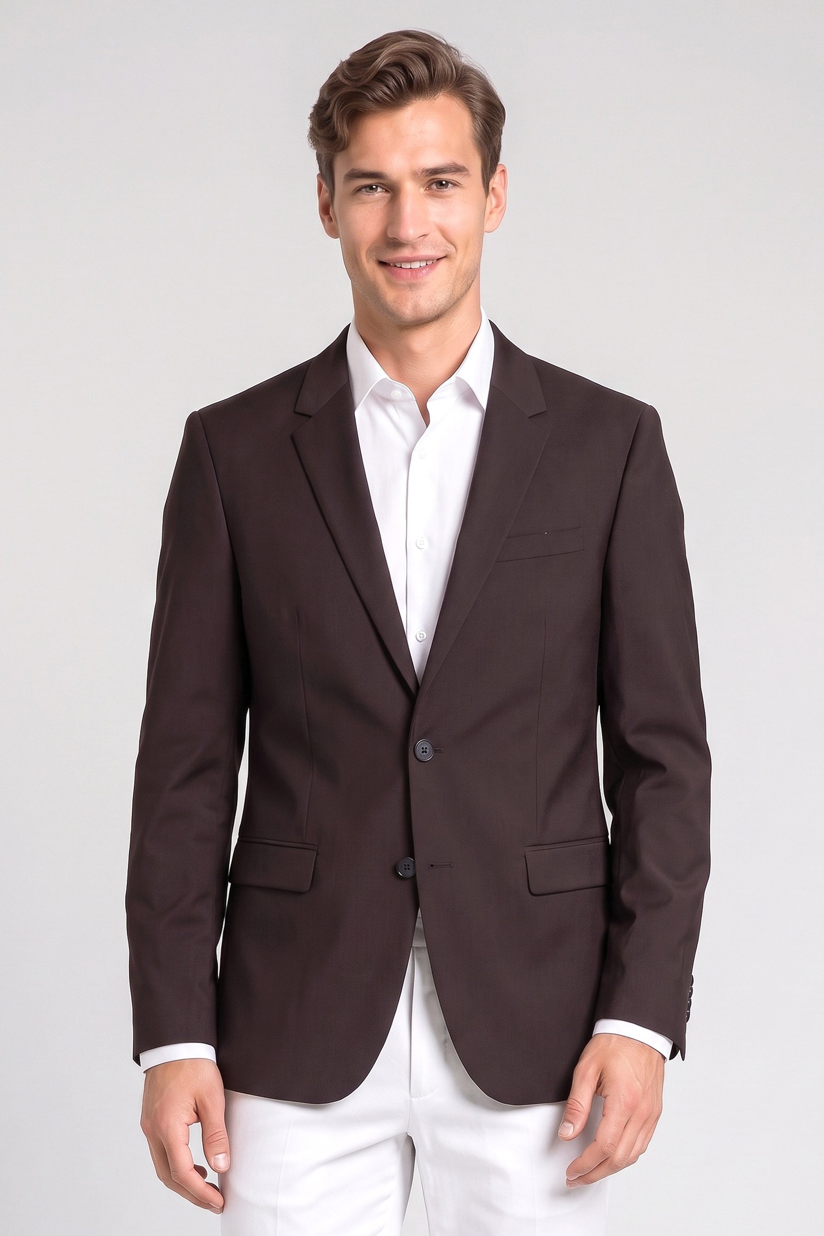 Men Slim Fit Plain Casual Blazer, Chocolate