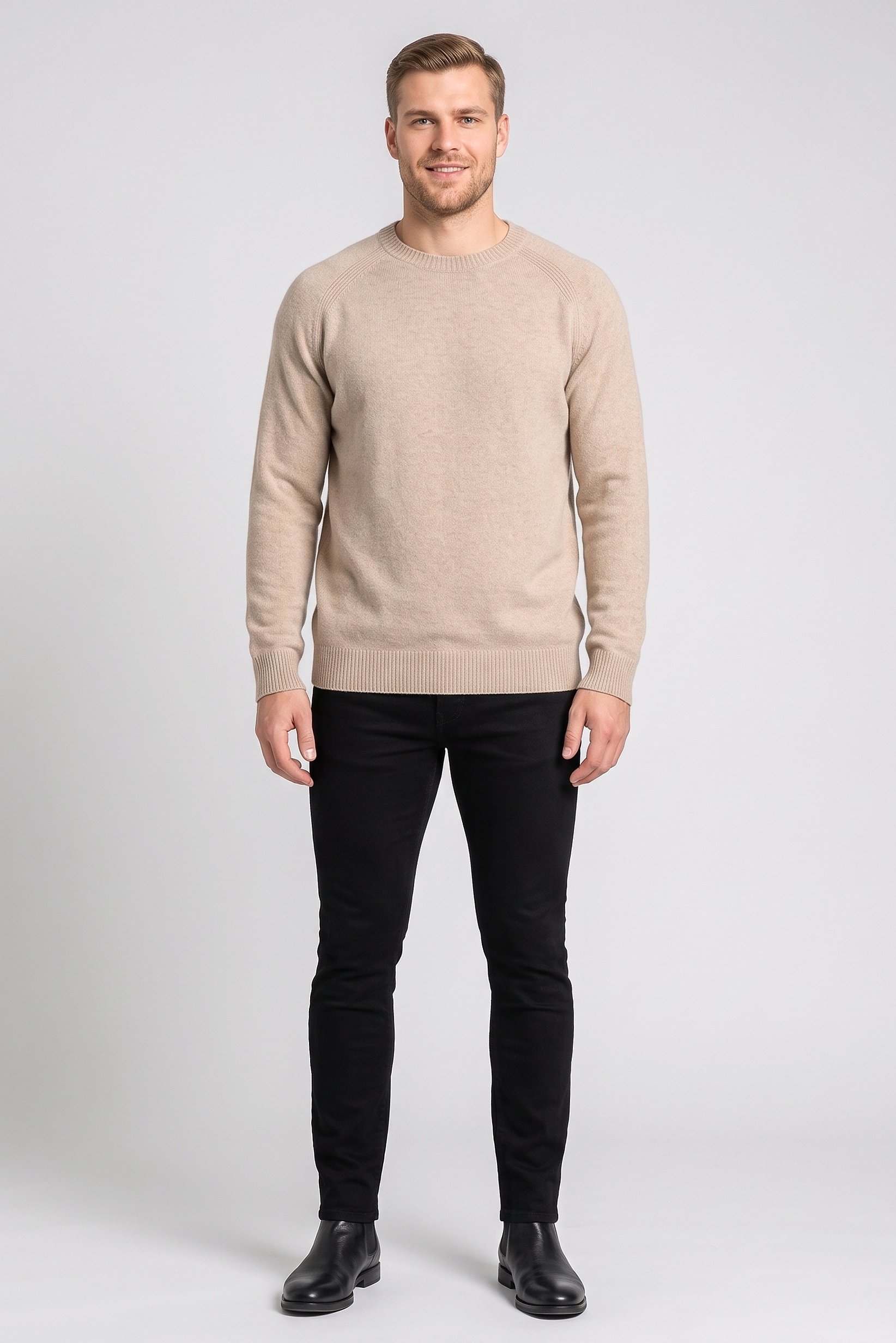 Men Crew Neck Knitted Sweater, Beige