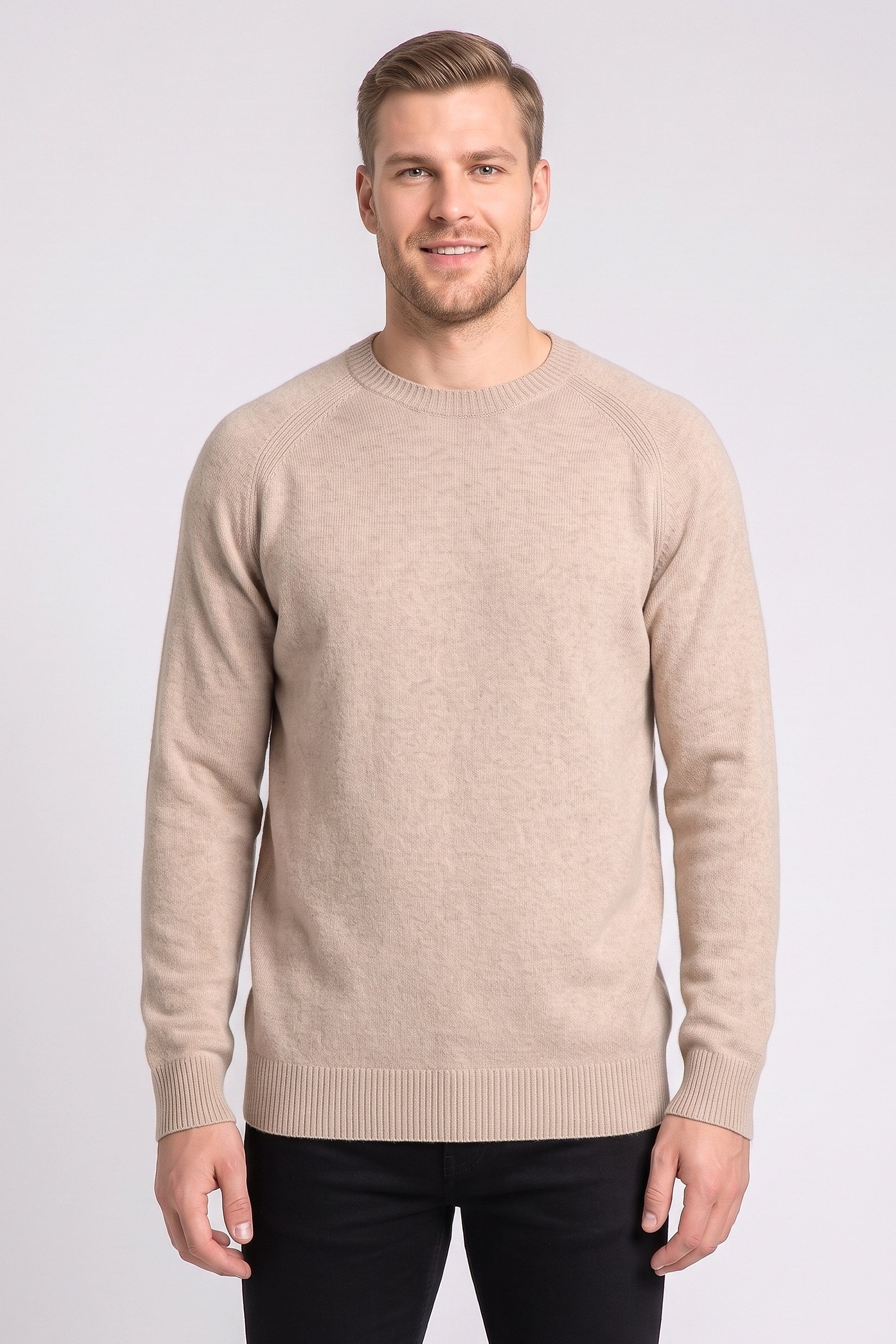 Men Crew Neck Knitted Sweater, Beige