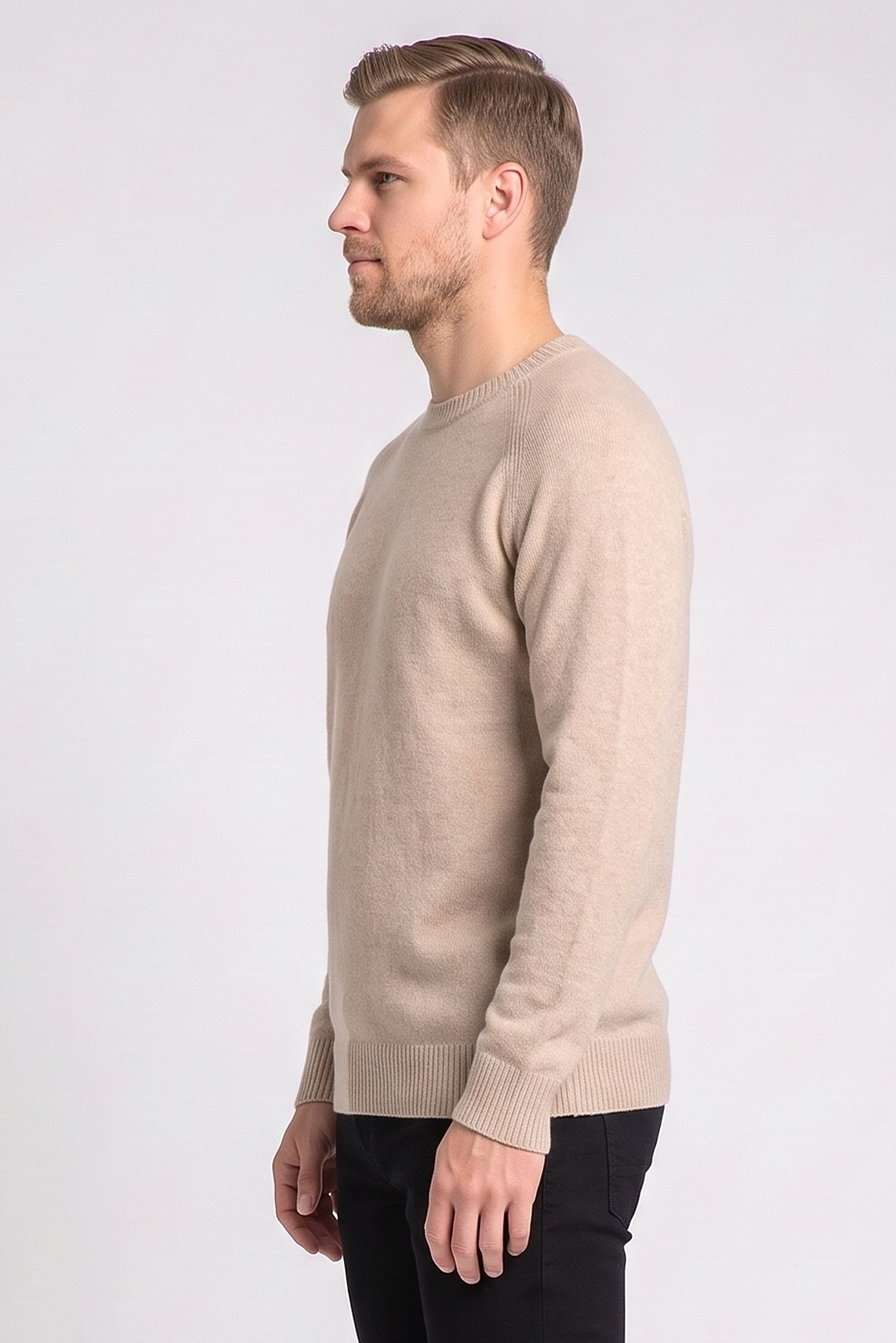 Men Crew Neck Knitted Sweater, Beige
