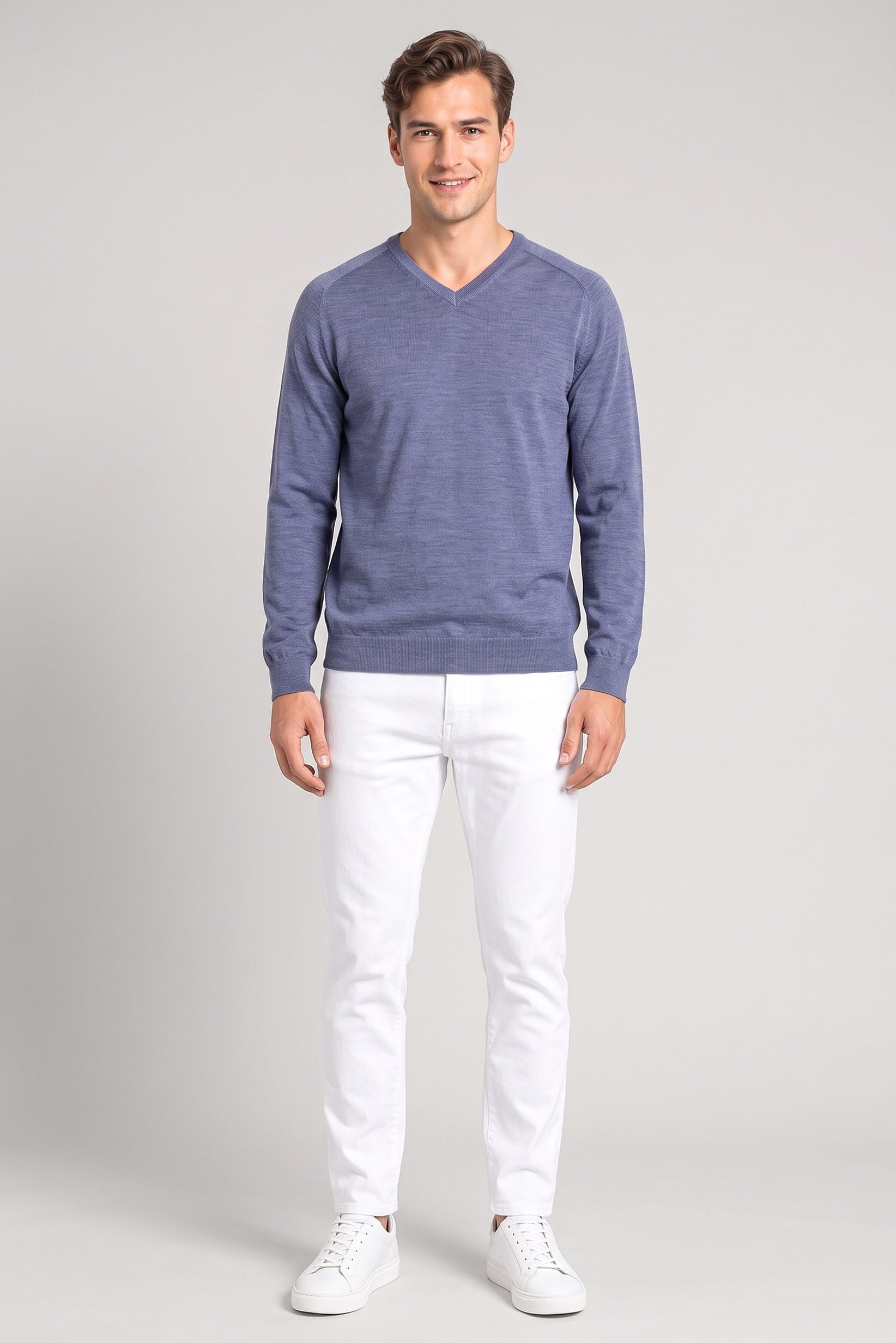 Men V-Neck Long Sleeves Plain Sweater, Dark Dusty Blue