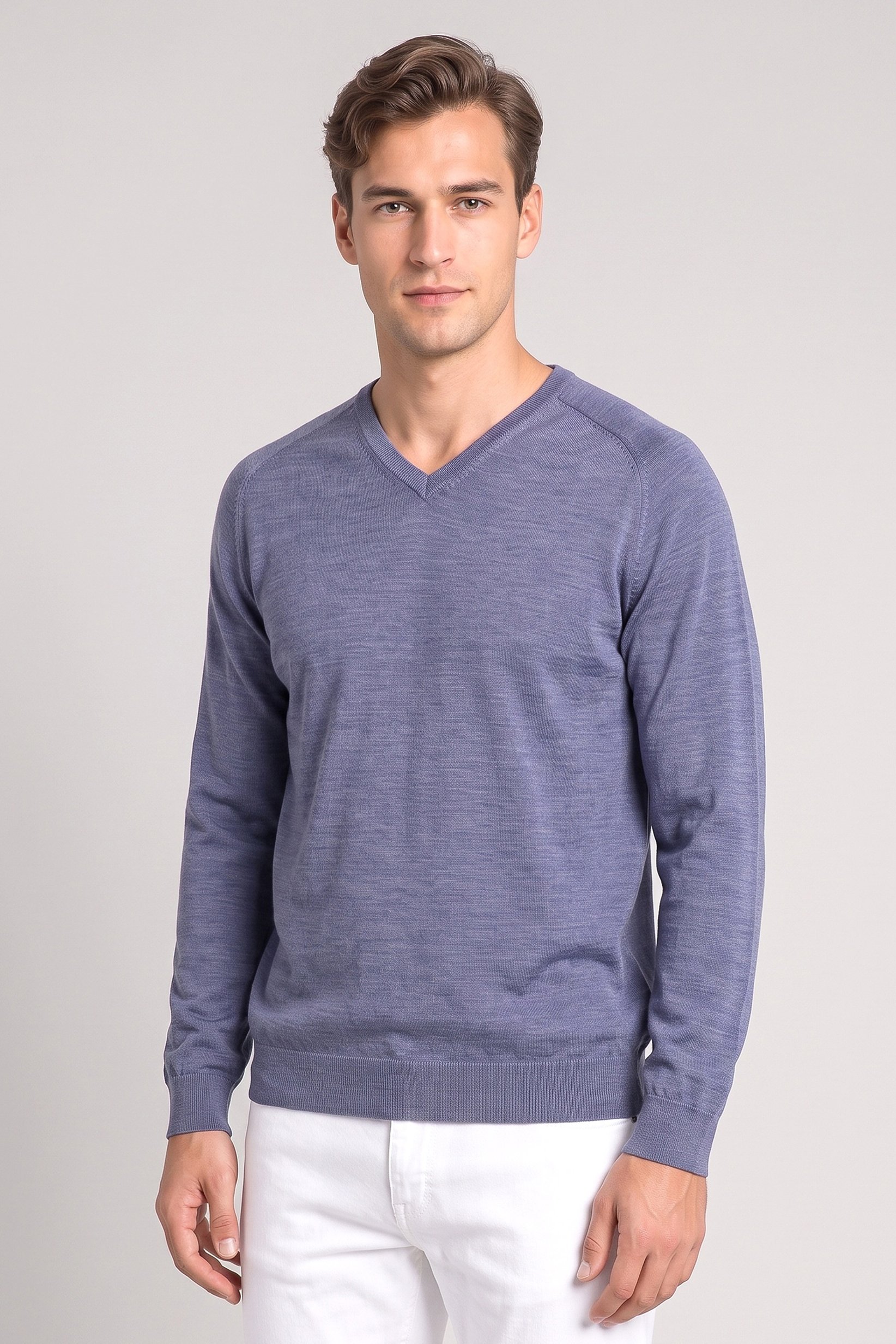Men V-Neck Long Sleeves Plain Sweater, Dark Dusty Blue