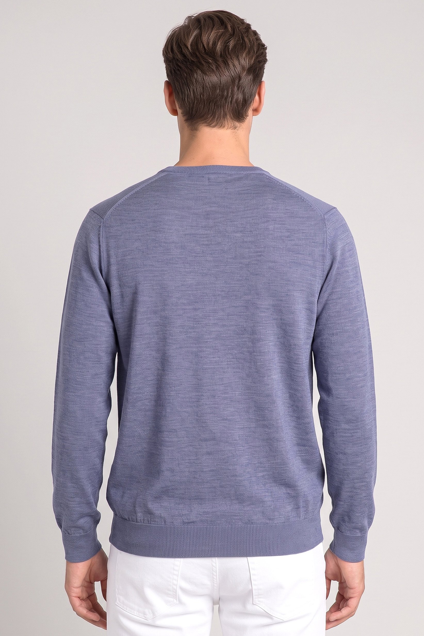 Men V-Neck Long Sleeves Plain Sweater, Dark Dusty Blue
