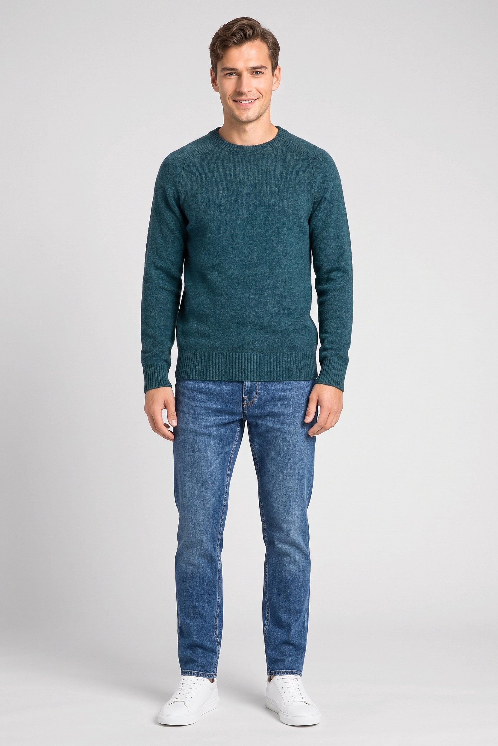 Men Crew Neck Knitted Sweater, Teal Green