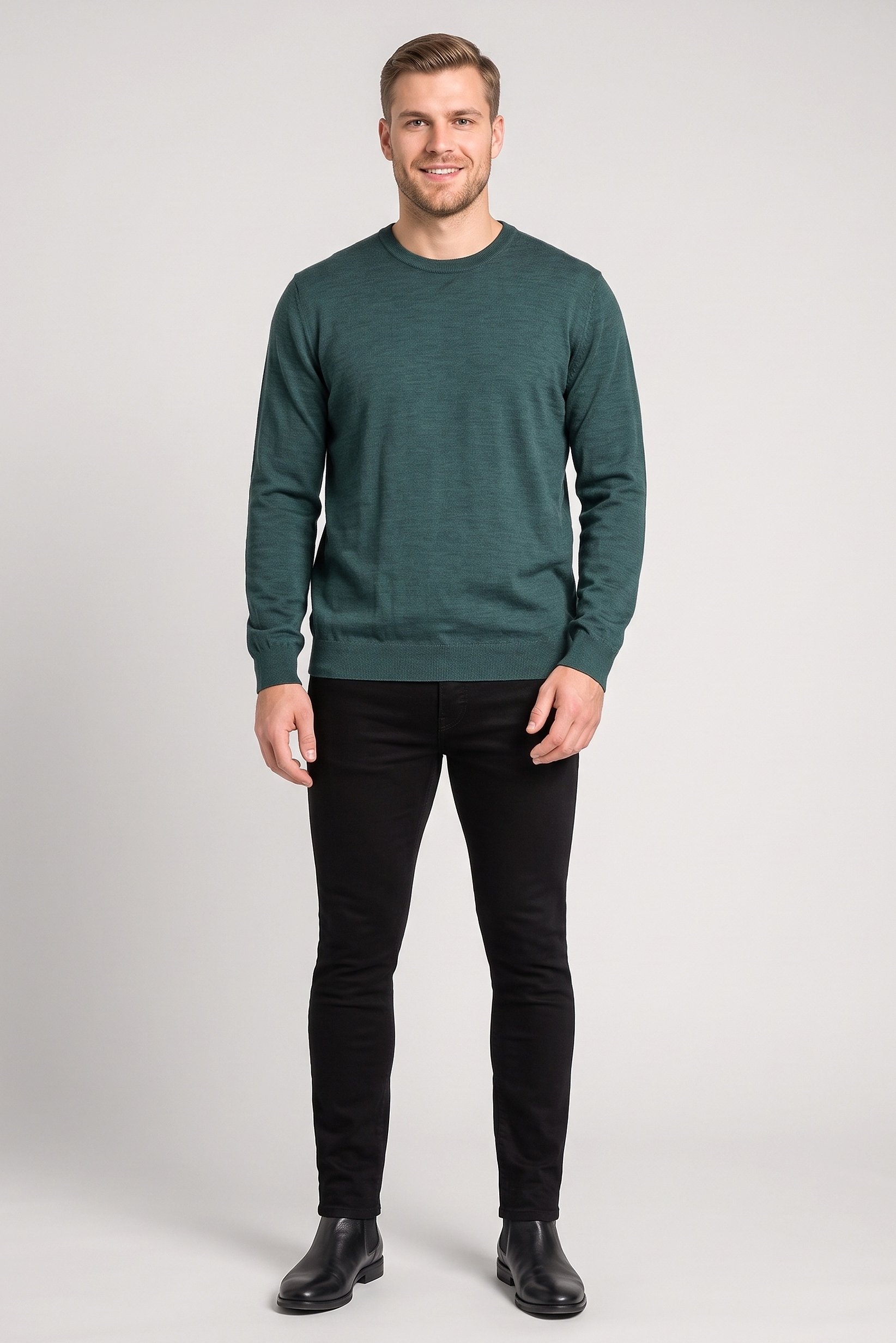 Men Crew Neck Textured Sweater, Dark Green