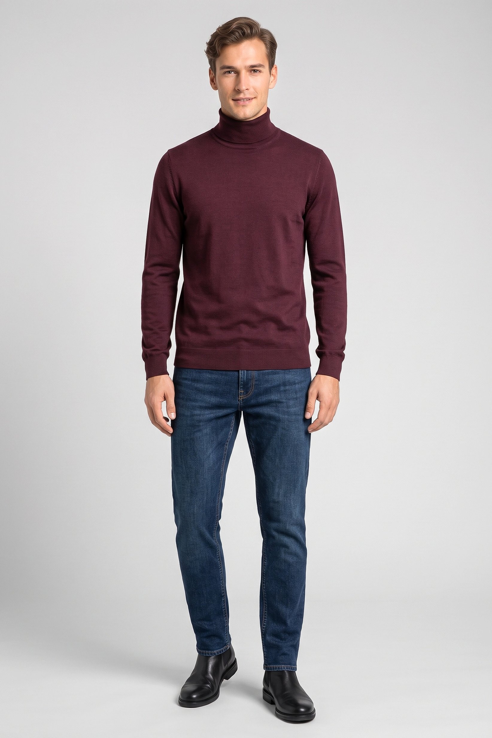 Men Turtle Neck Textured Sweater, Burgundy
