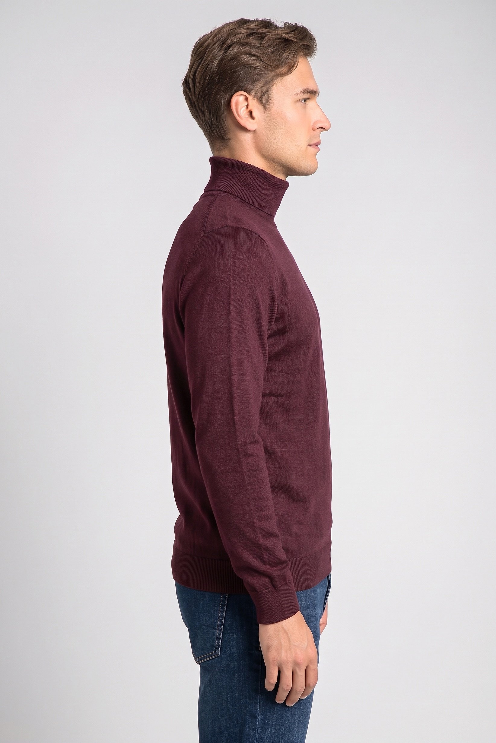 Men Turtle Neck Textured Sweater, Burgundy