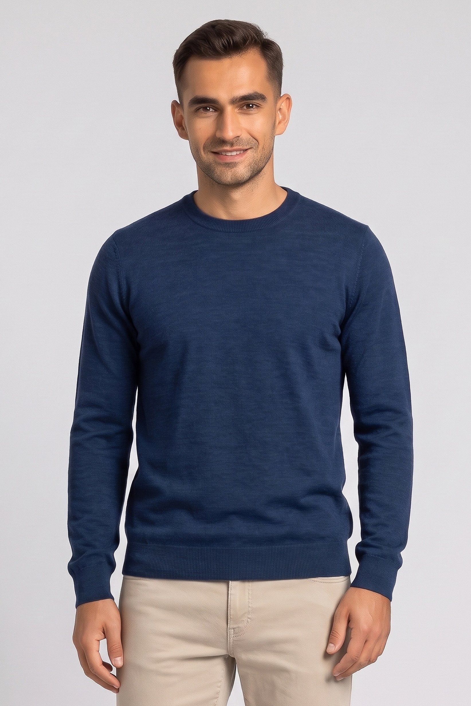 Men Crew Neck Long Sleeve Textured Sweater, Navy