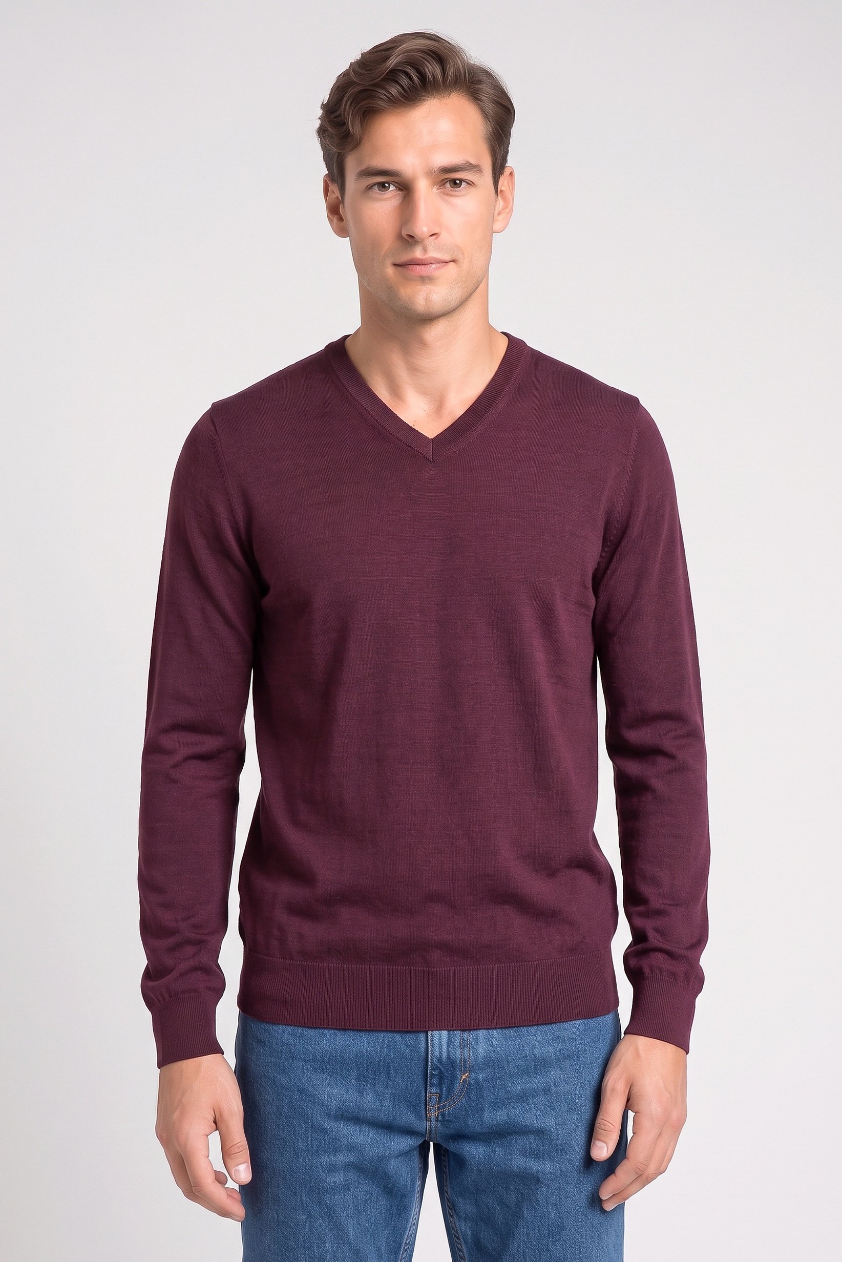 Men Crew Neck Long Sleeve Knitted Sweater, Burgundy