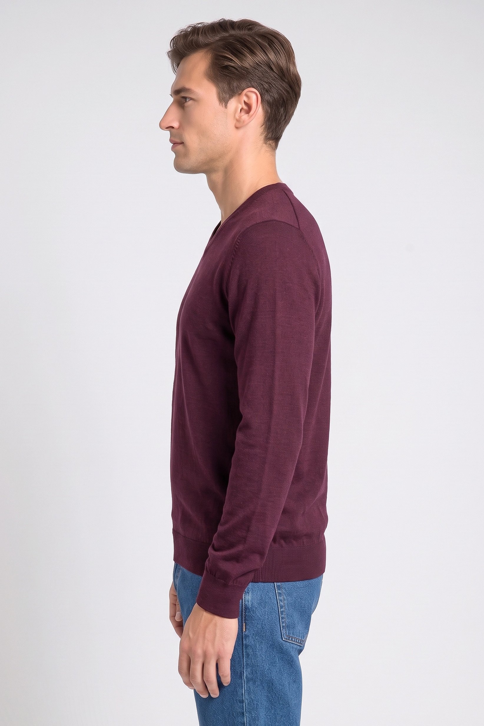 Men Crew Neck Long Sleeve Knitted Sweater, Burgundy
