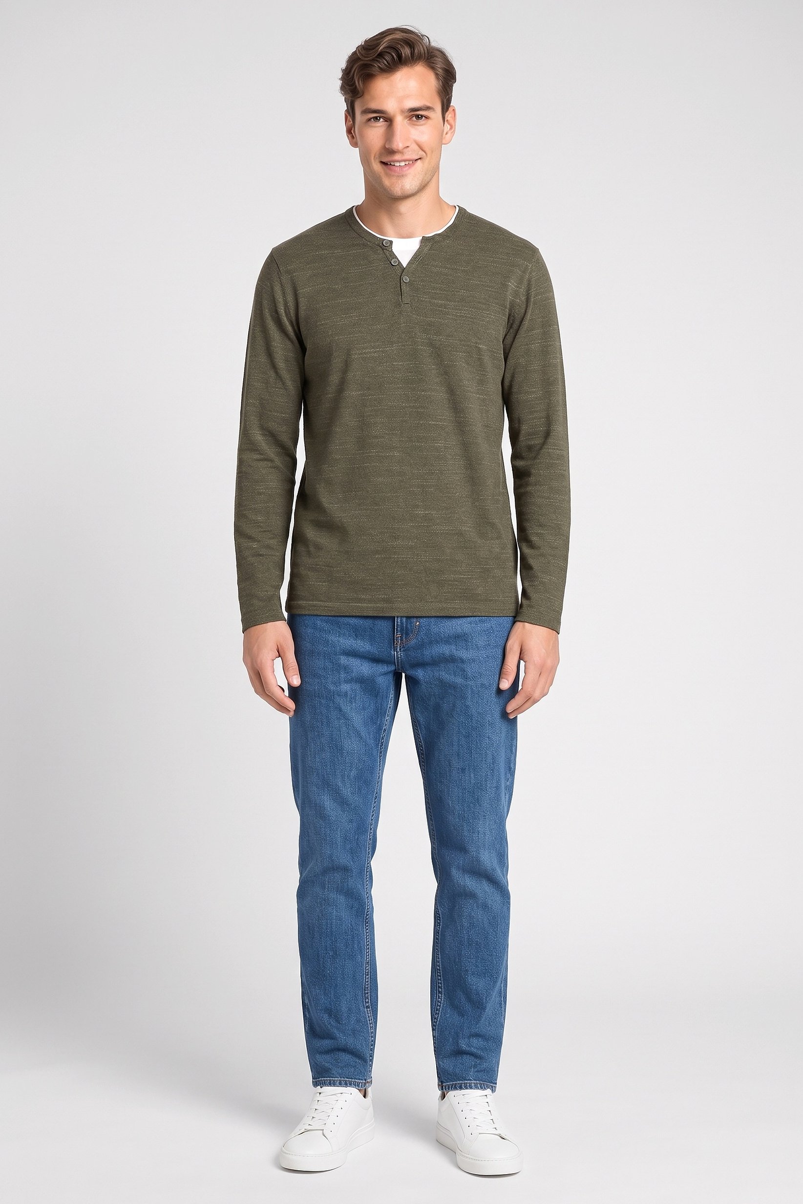 Men Crew Neck Long Sleeve Knitted T-Shirt, Olive