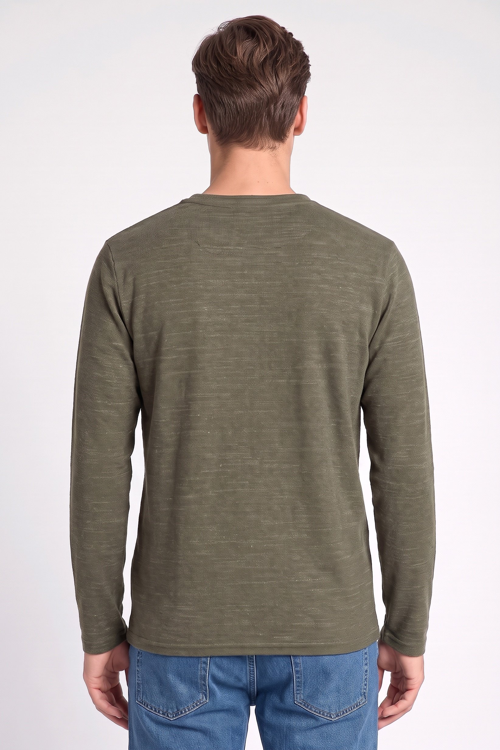 Men Crew Neck Long Sleeve Knitted T-Shirt, Olive