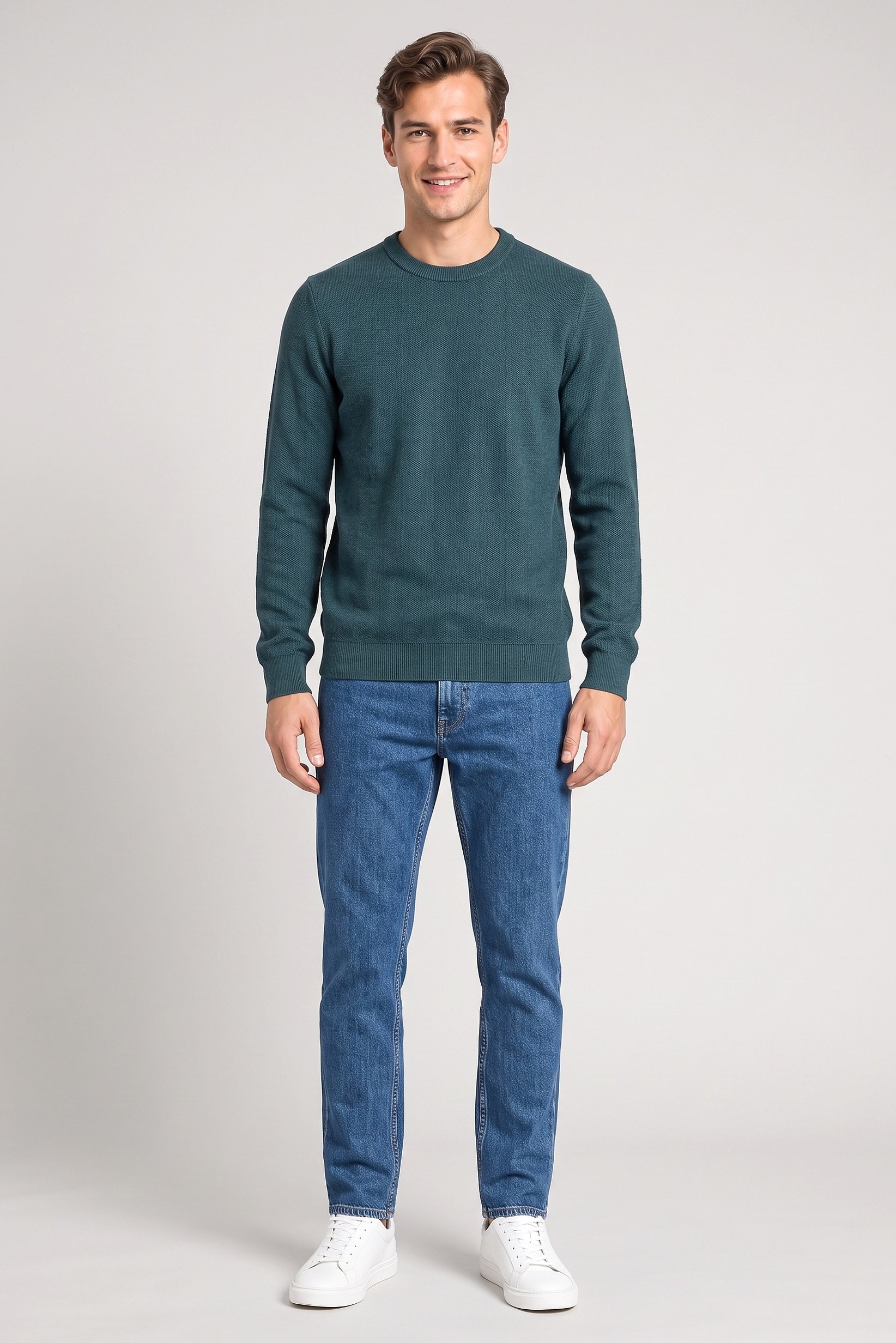 Men Round Neck Textured Sweater, Green