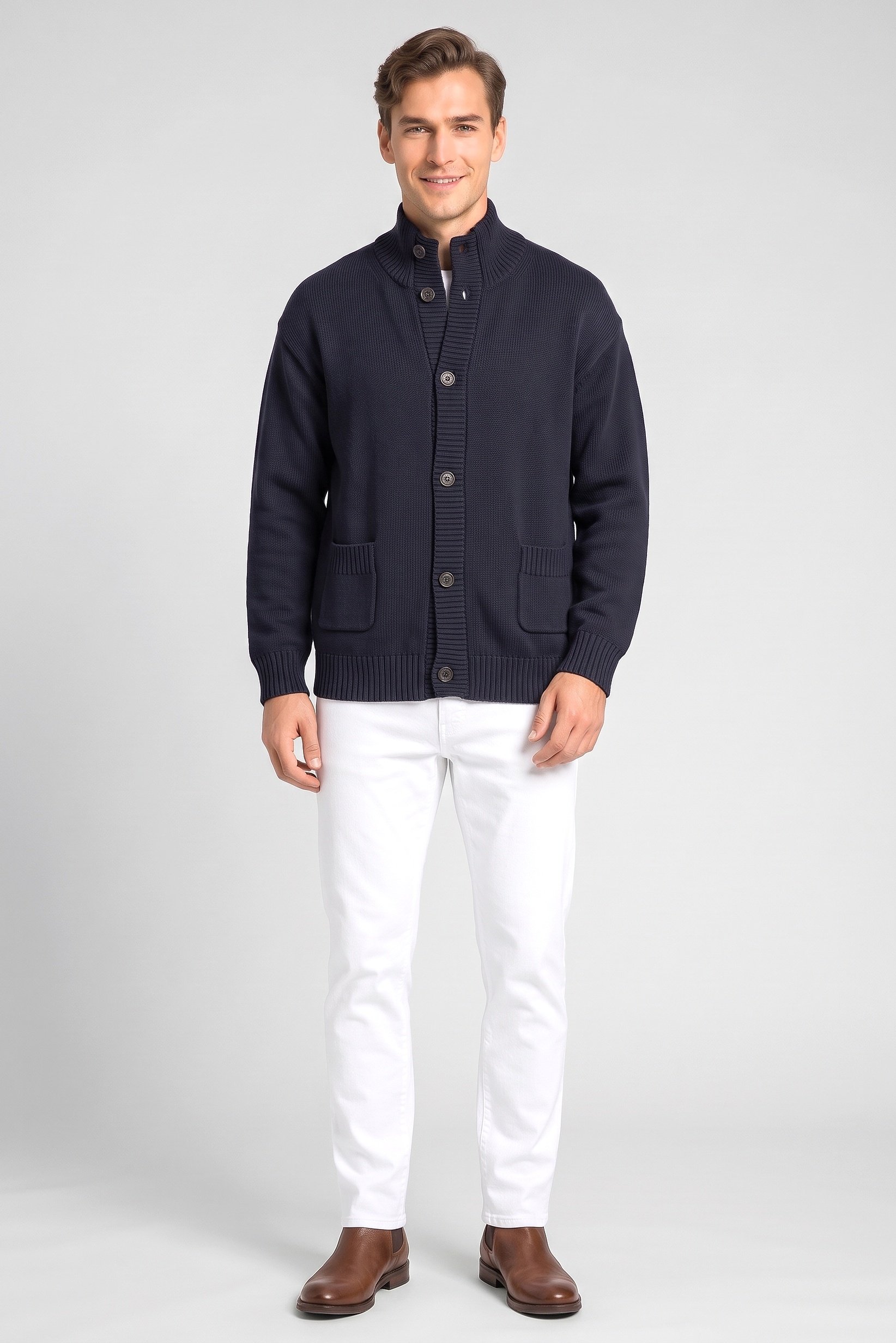 Men High Neck Knitted Long Sleeve Cardigan, Navy