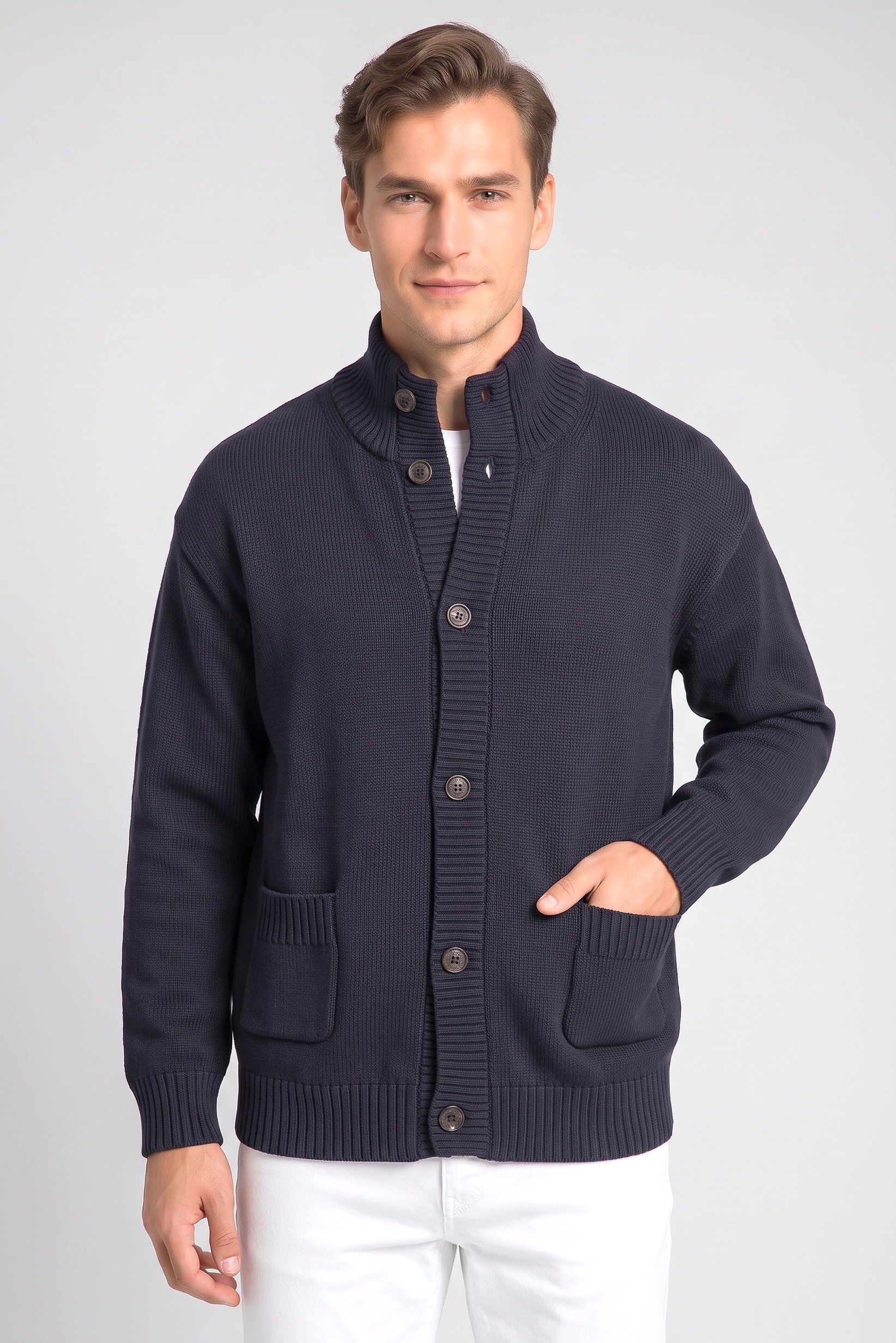 Men High Neck Knitted Long Sleeve Cardigan, Navy