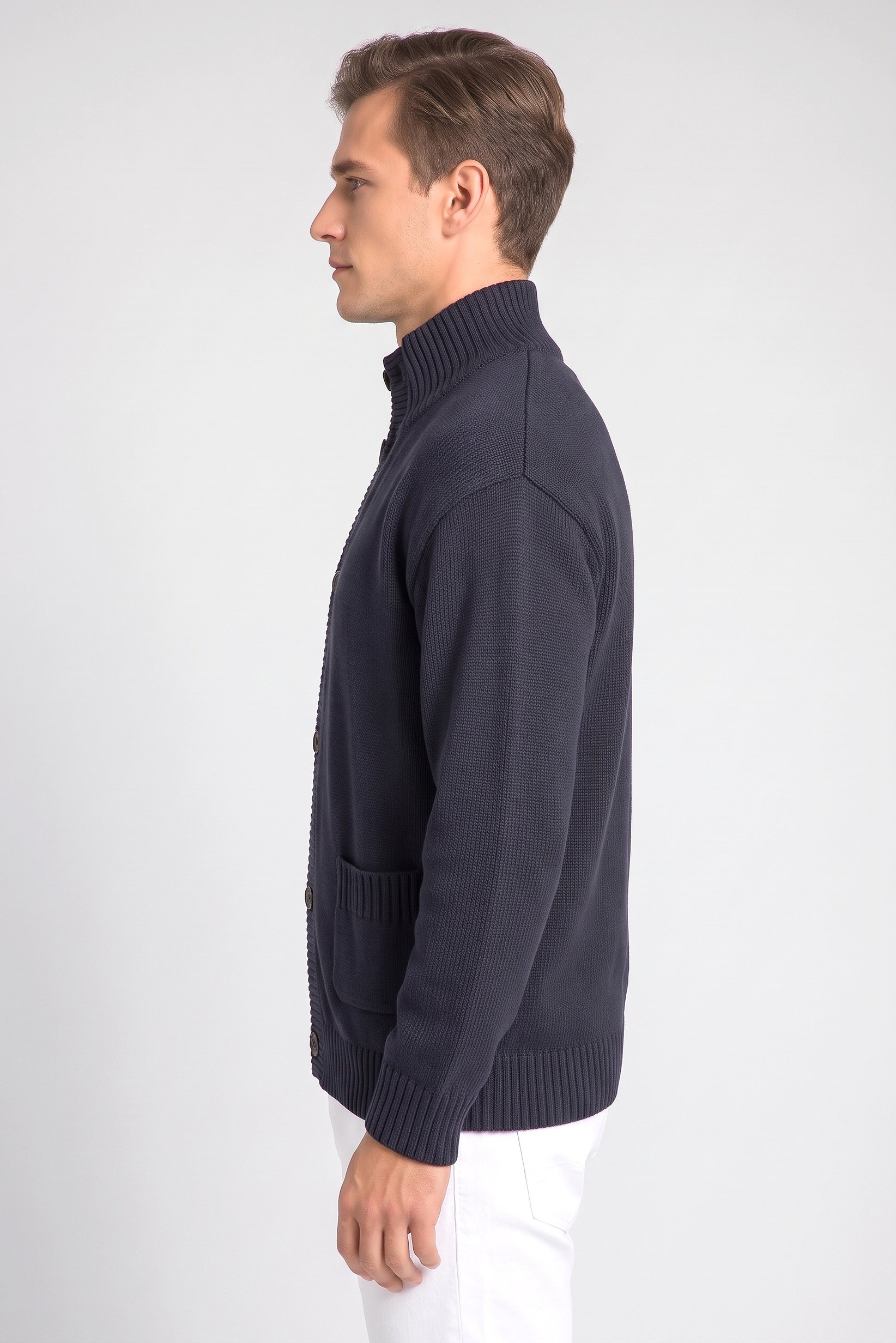 Men High Neck Knitted Long Sleeve Cardigan, Navy