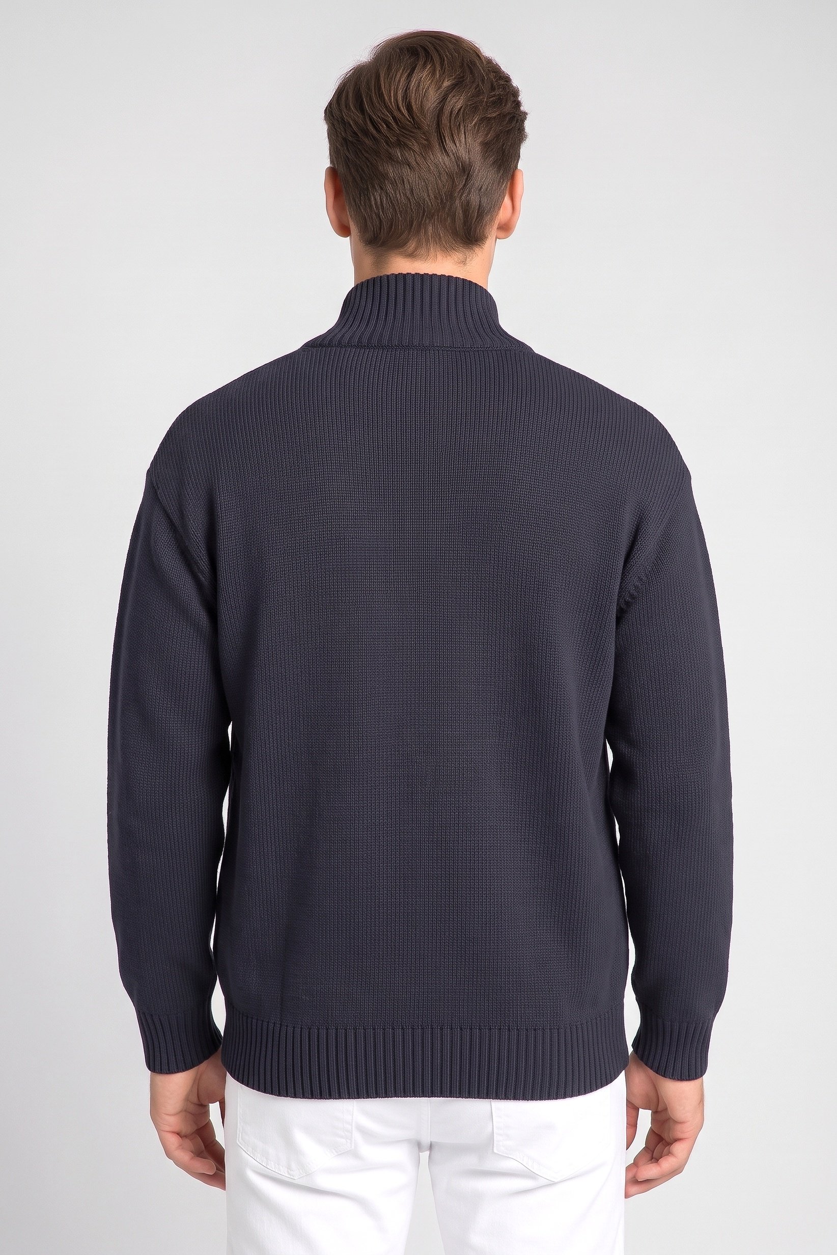 Men High Neck Knitted Long Sleeve Cardigan, Navy