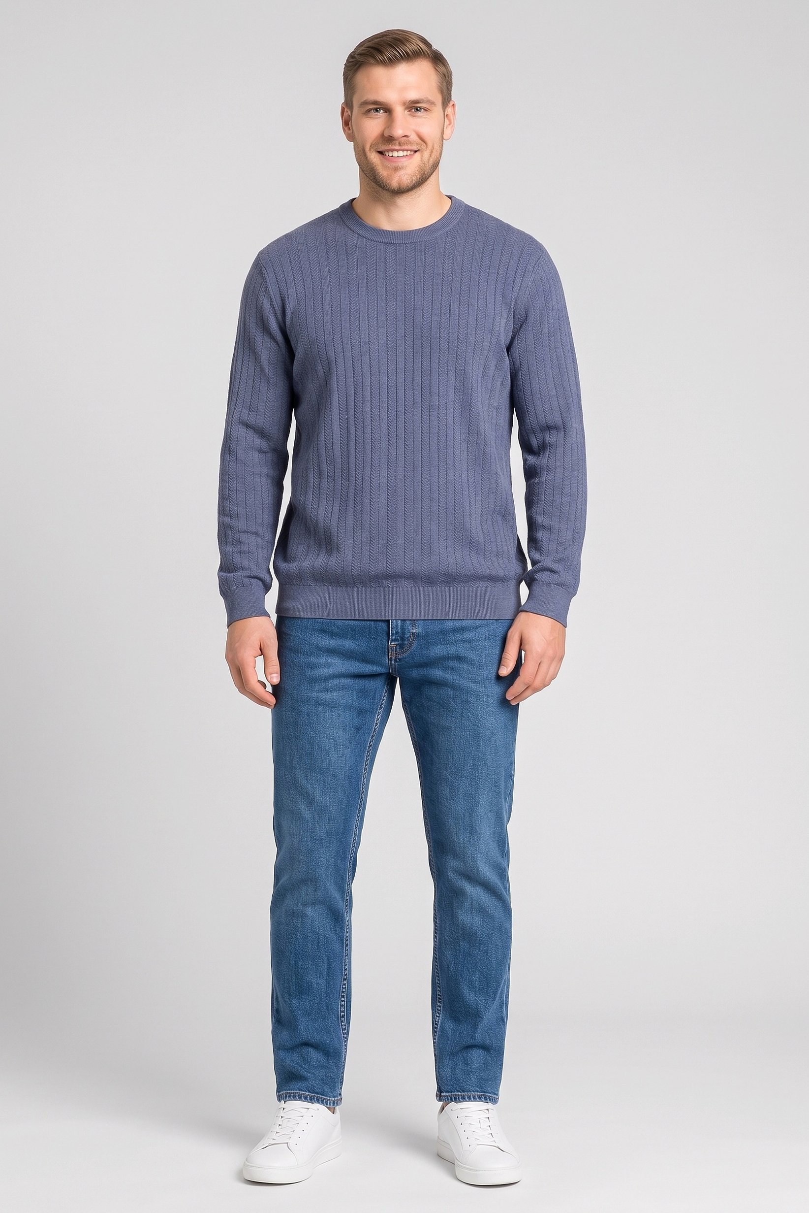 Men Crew Neck Textured Long Sleeve Sweater, Dusty Blue