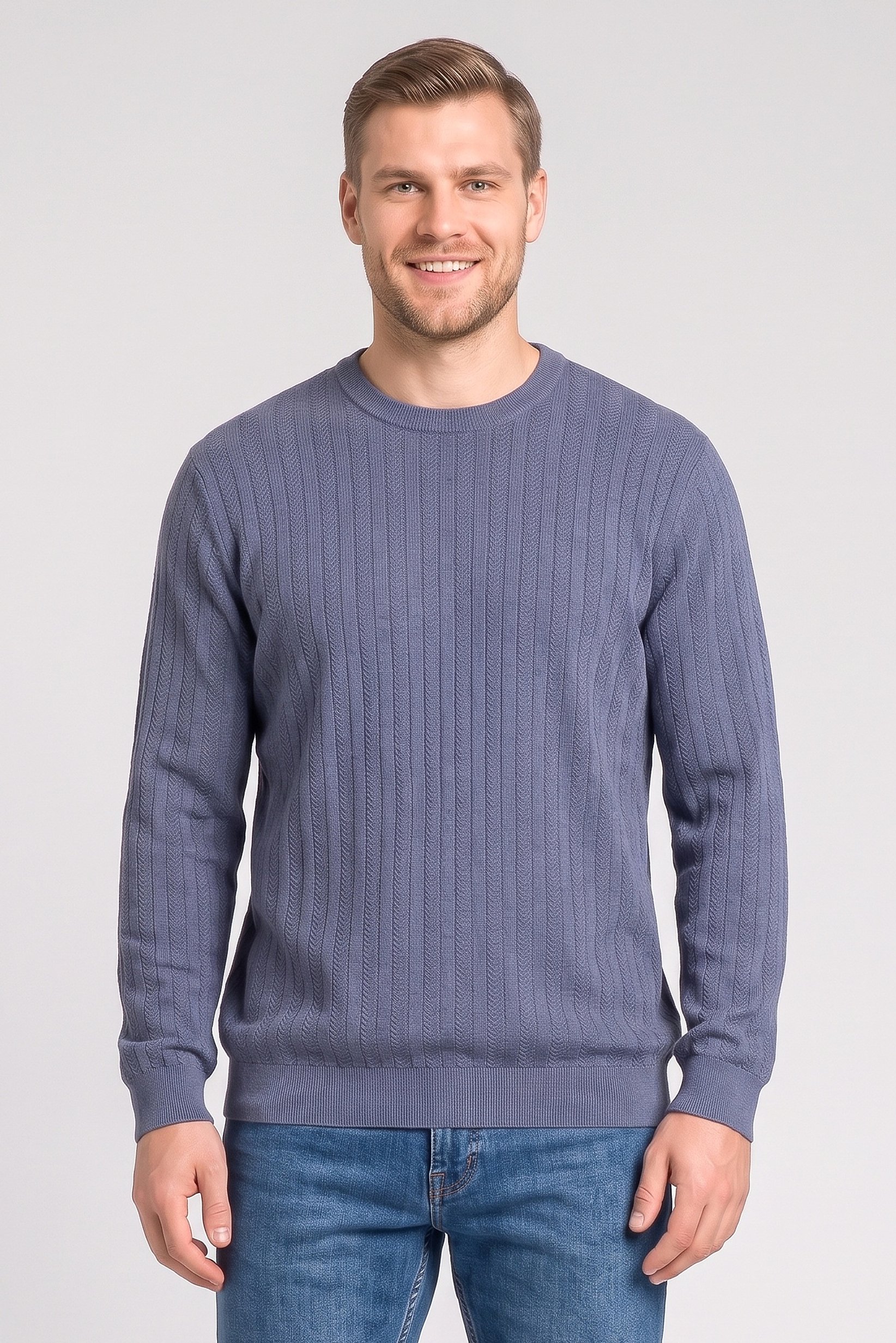 Men Crew Neck Textured Long Sleeve Sweater, Dusty Blue
