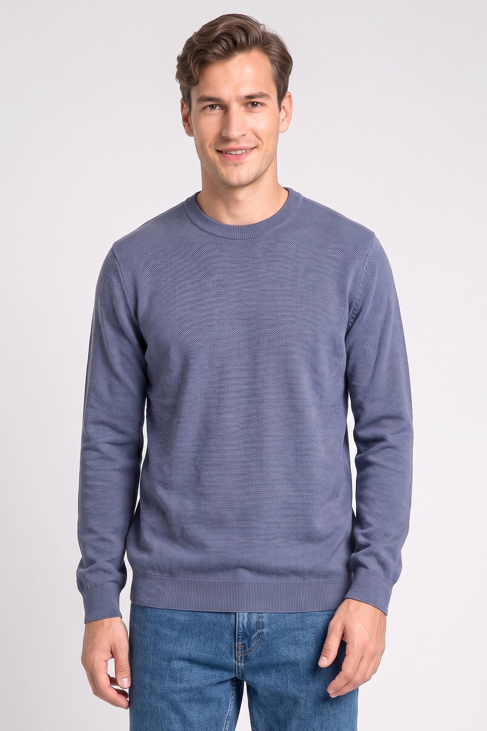Men Crew Neck Knitted Long Sleeves Sweater, Slate Blue