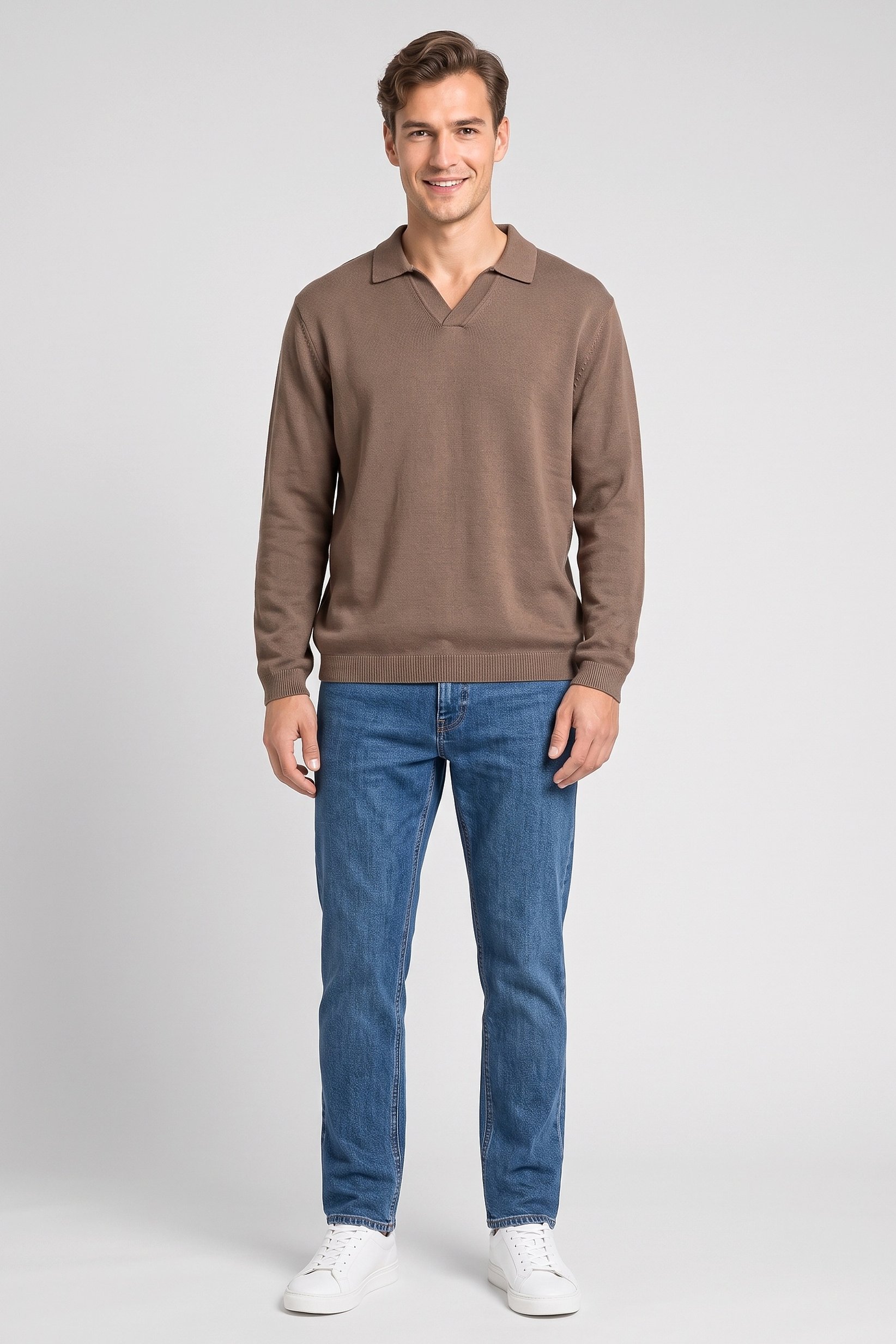 Men Spread Collar Long Sleeve Knitted Sweater, Brown