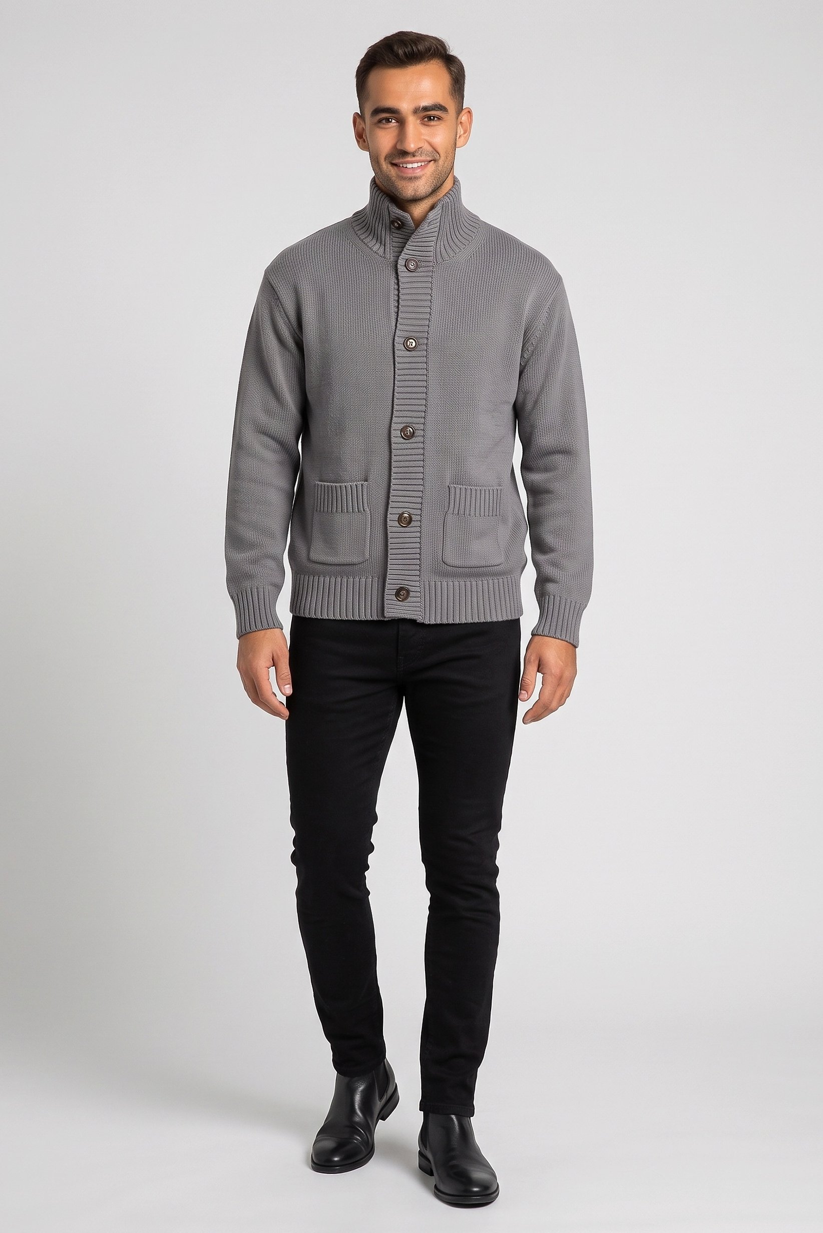 Men High Neck Knitted Cardigan, Grey