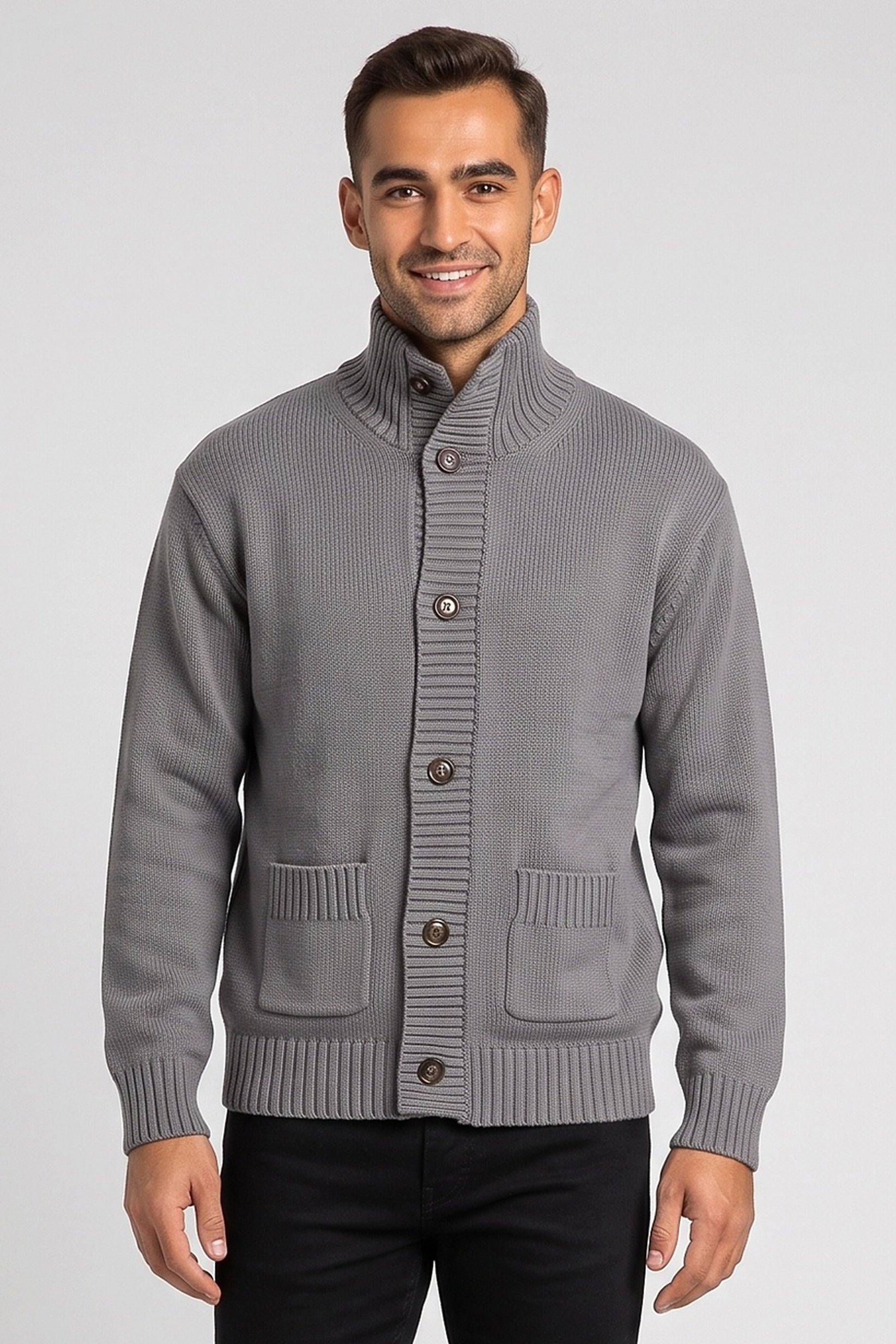 Men High Neck Knitted Cardigan, Grey
