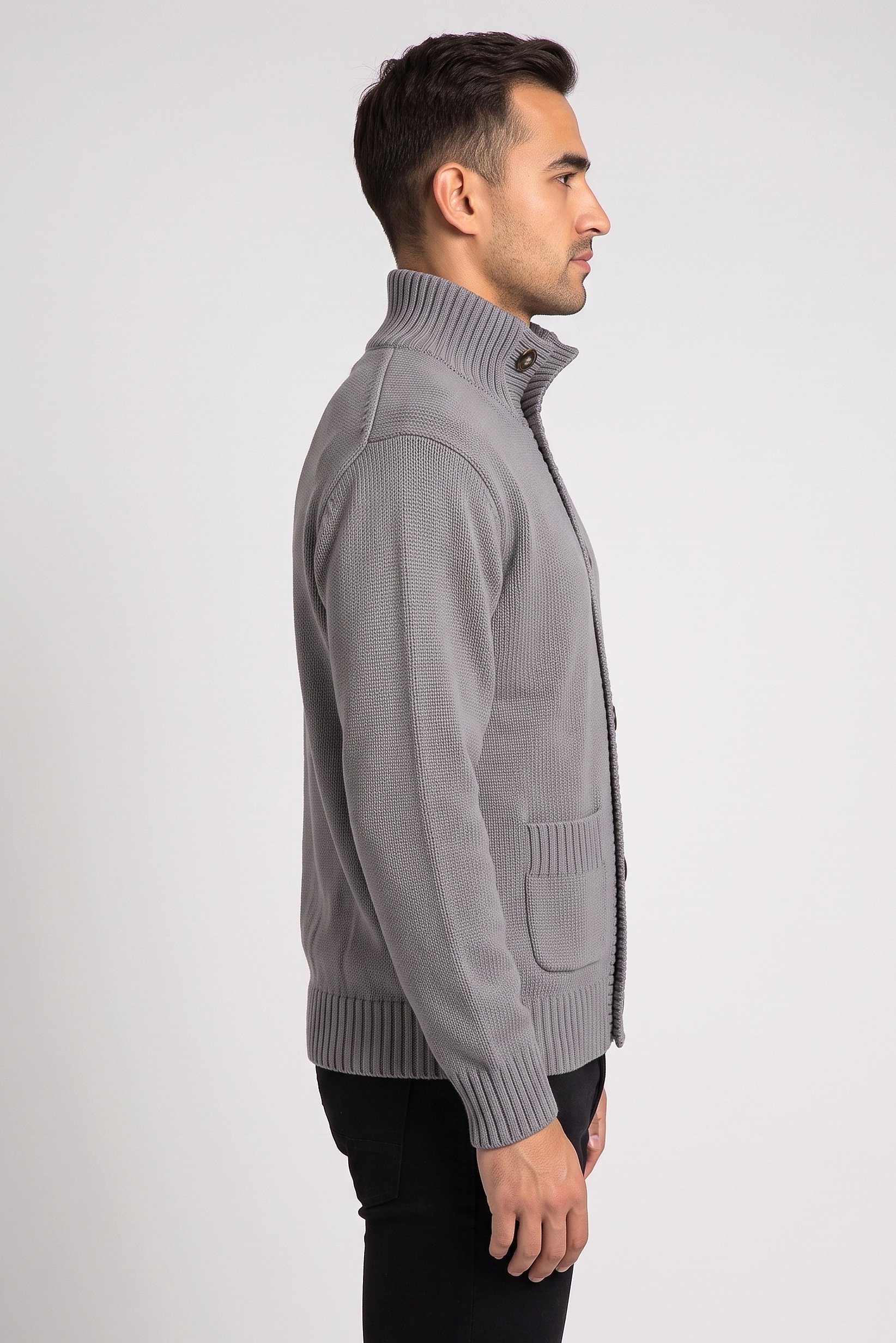 Men High Neck Knitted Cardigan, Grey