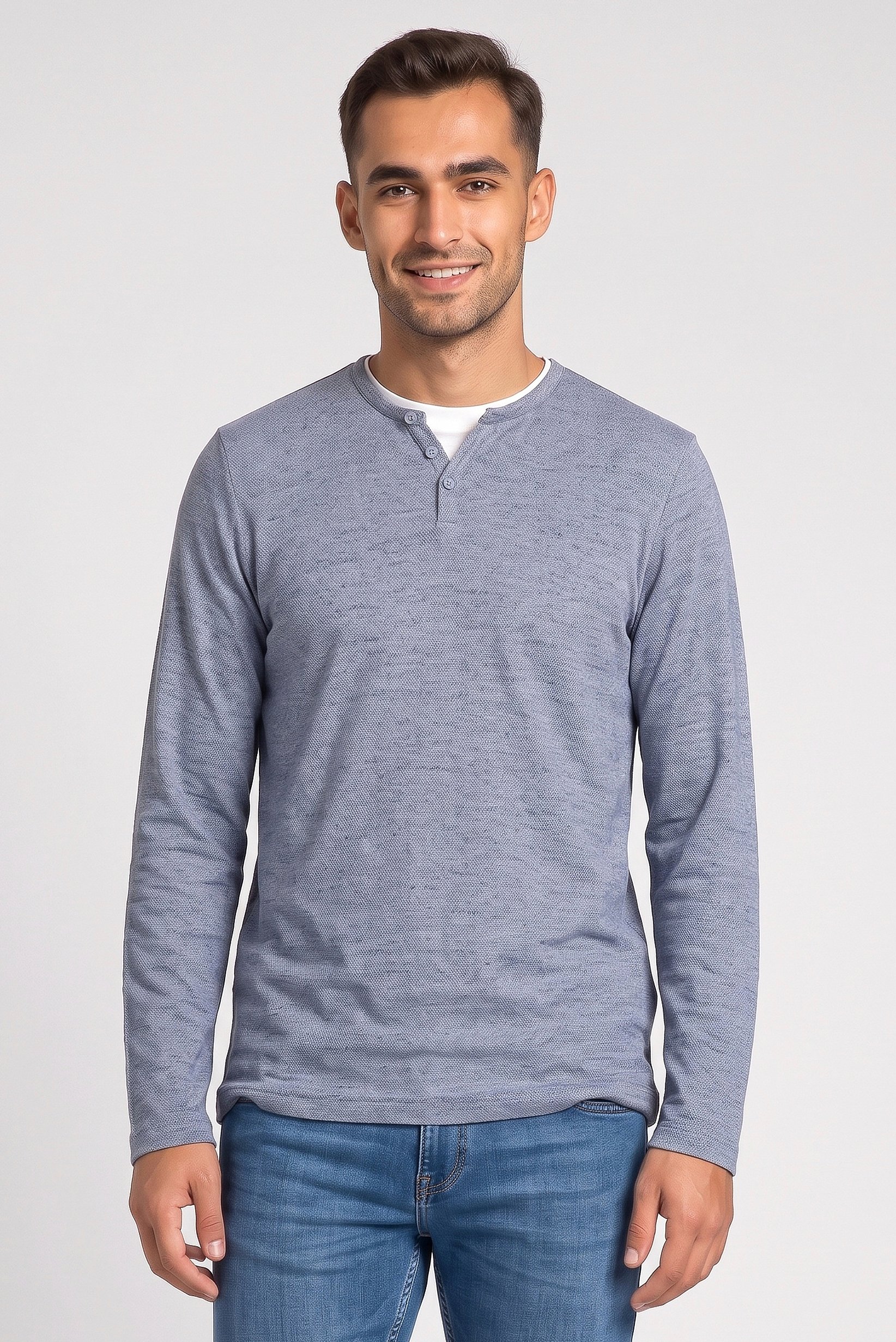 Men Crew Neck Long Sleeve Knitted T-Shirt, Blue