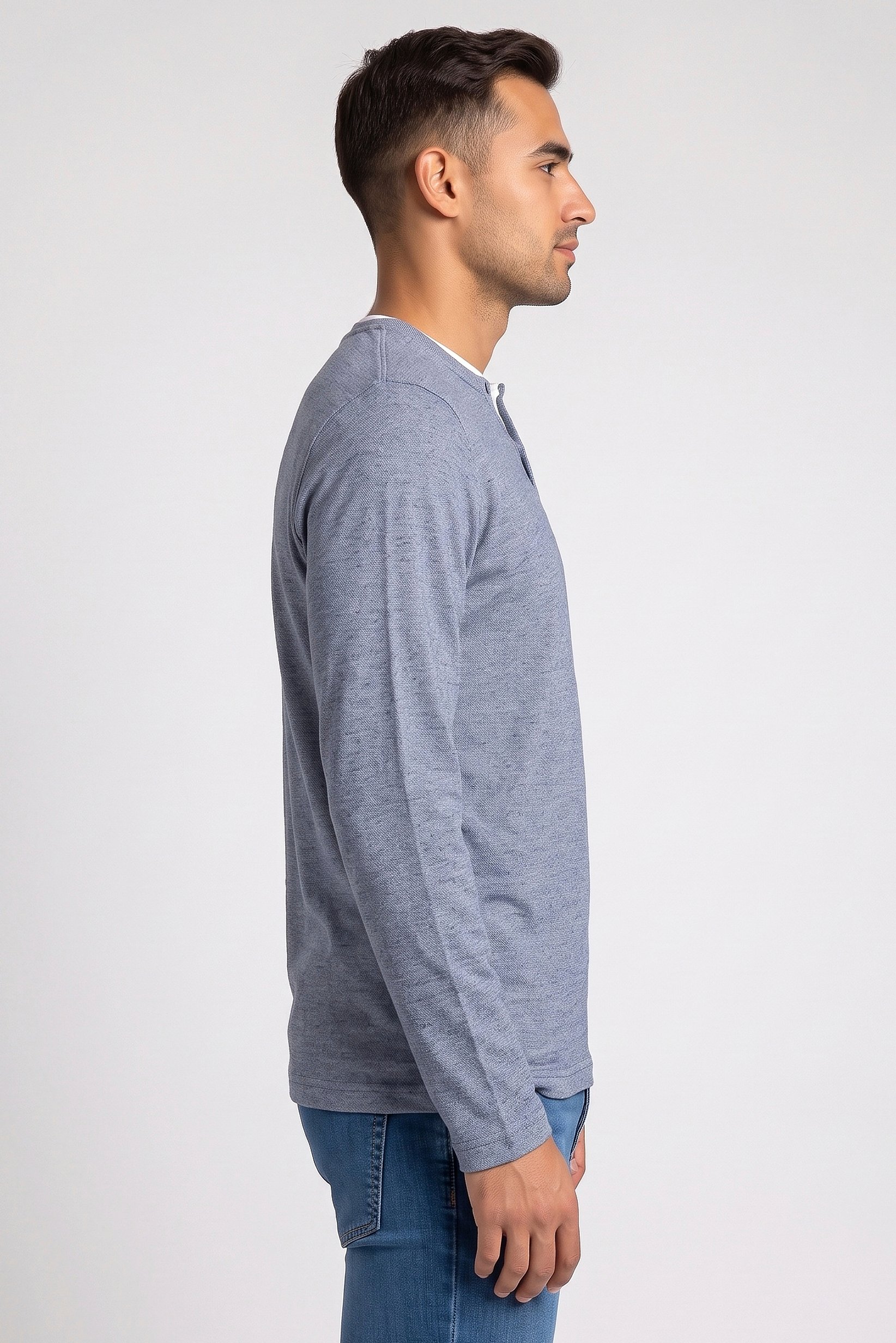 Men Crew Neck Long Sleeve Knitted T-Shirt, Blue