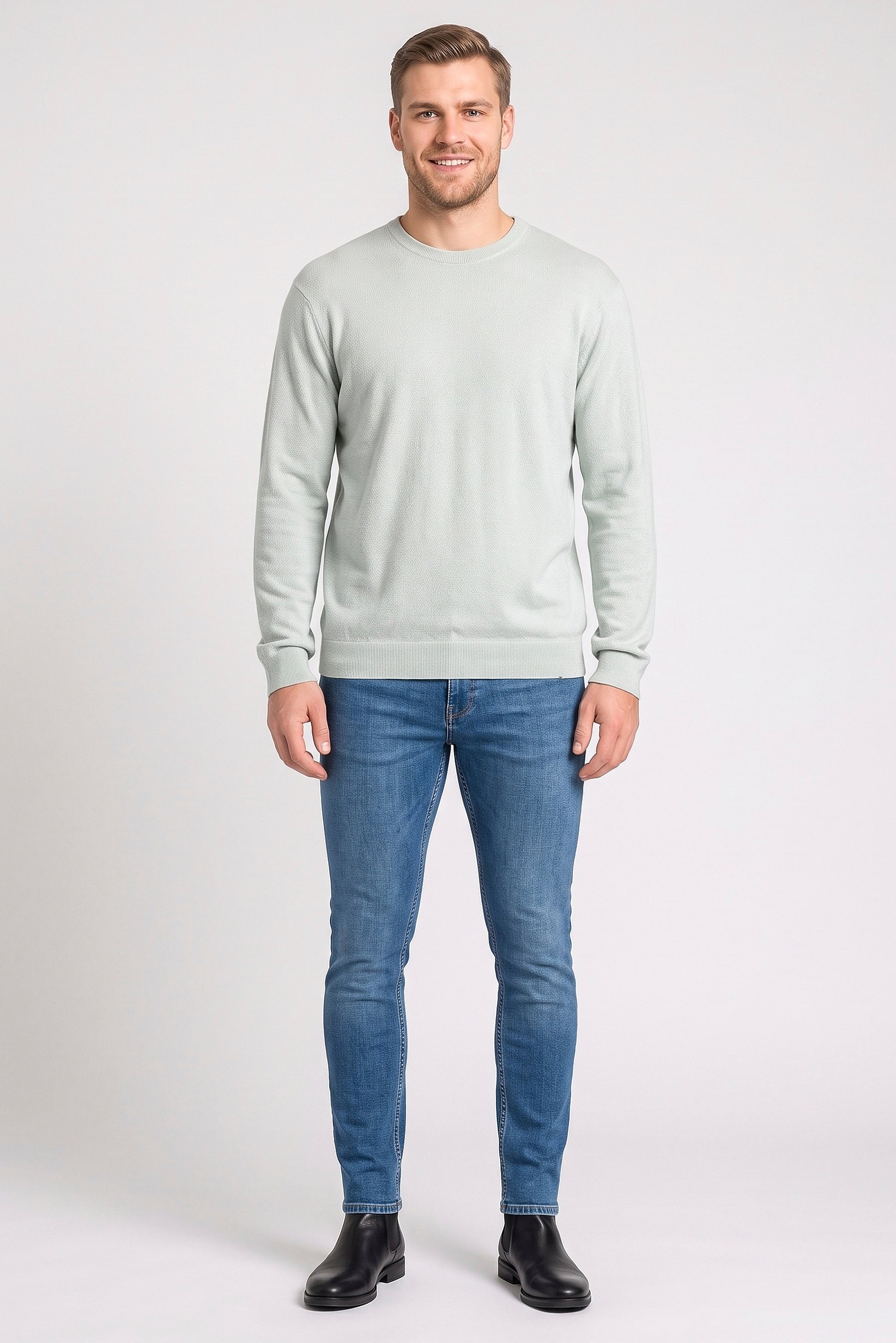 Men Crew Neck Long Sleeve Textured T-Shirt, Mint Green