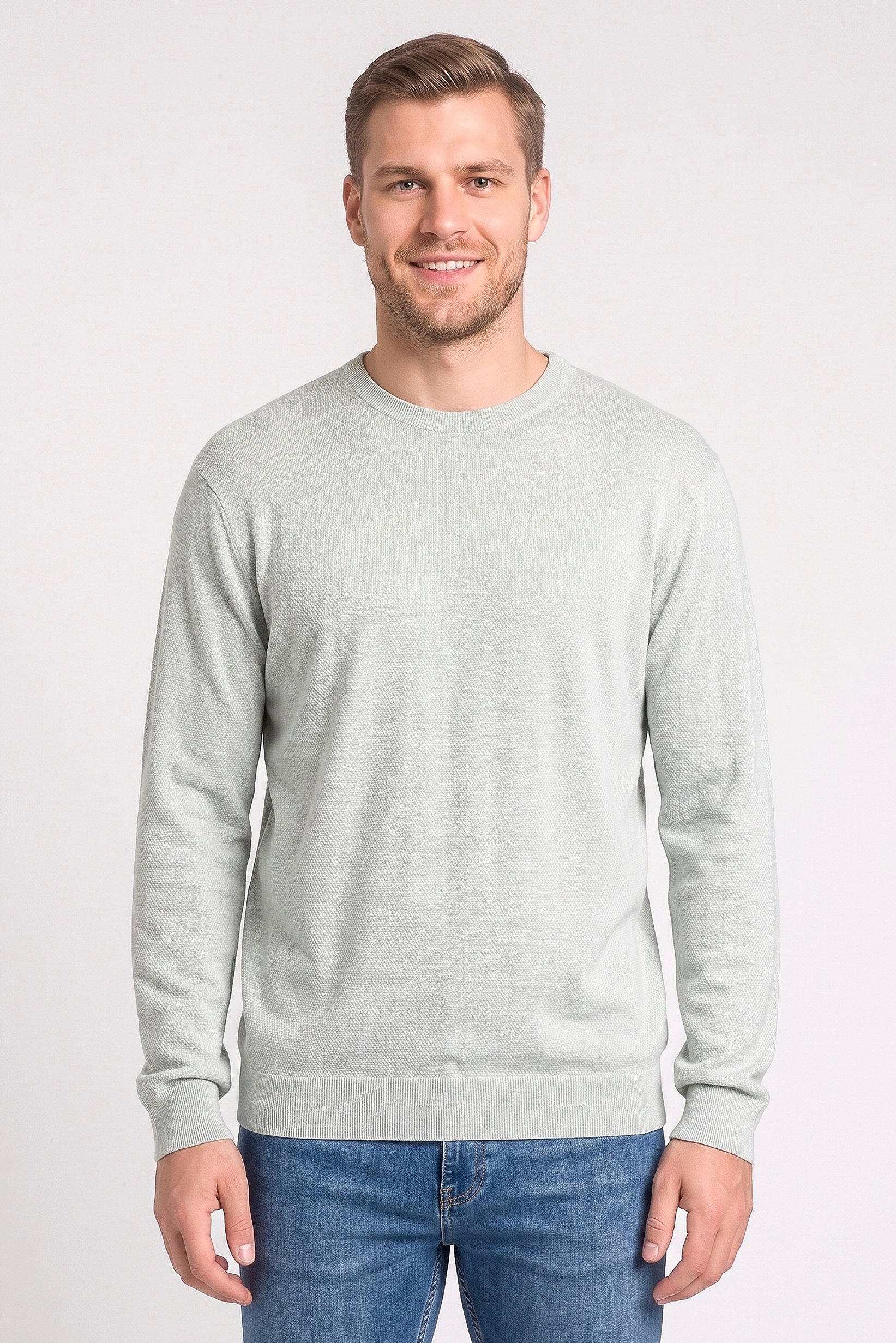 Men Crew Neck Long Sleeve Textured T-Shirt, Mint Green