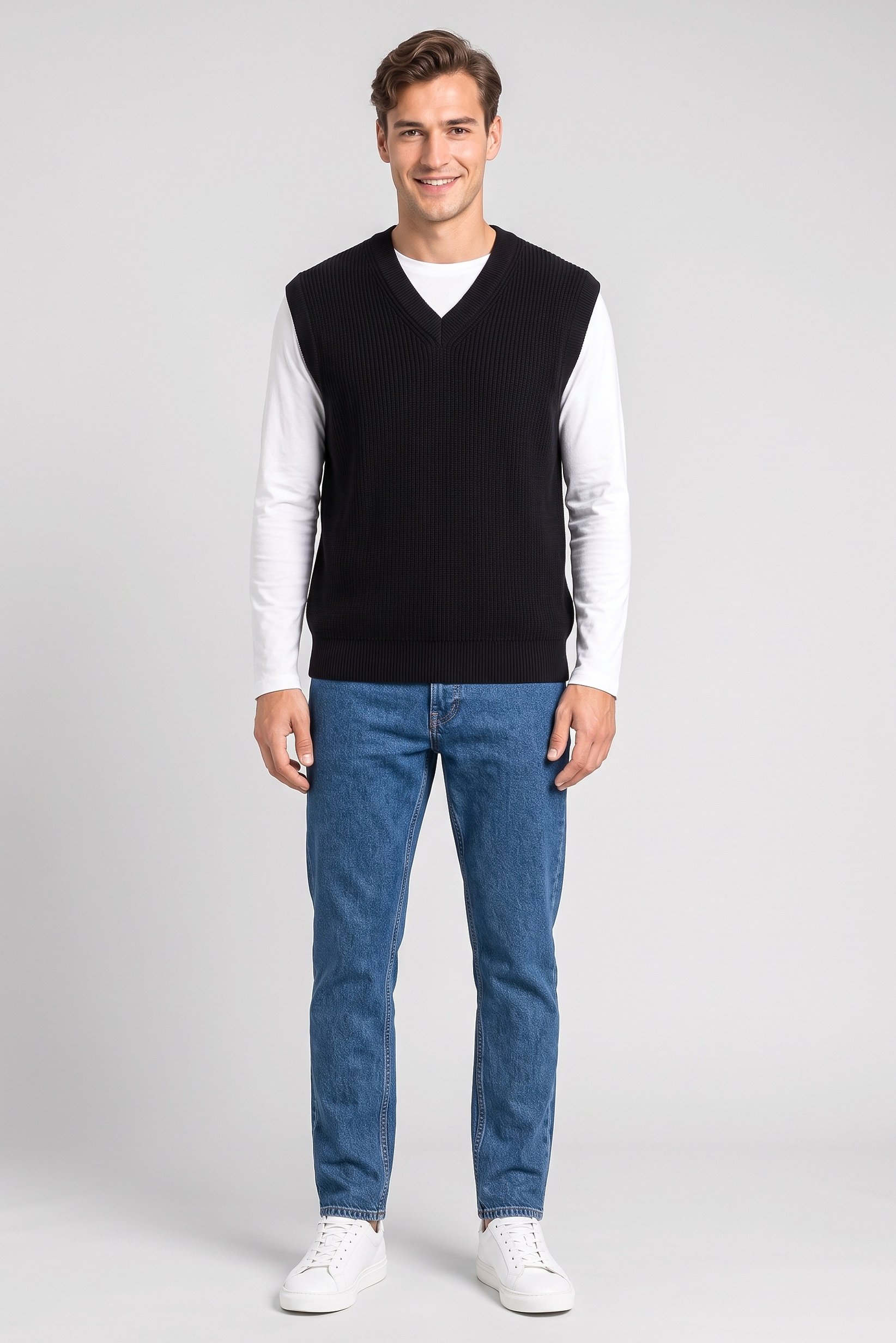 Men Crew Neck Knitted Sweater, Black