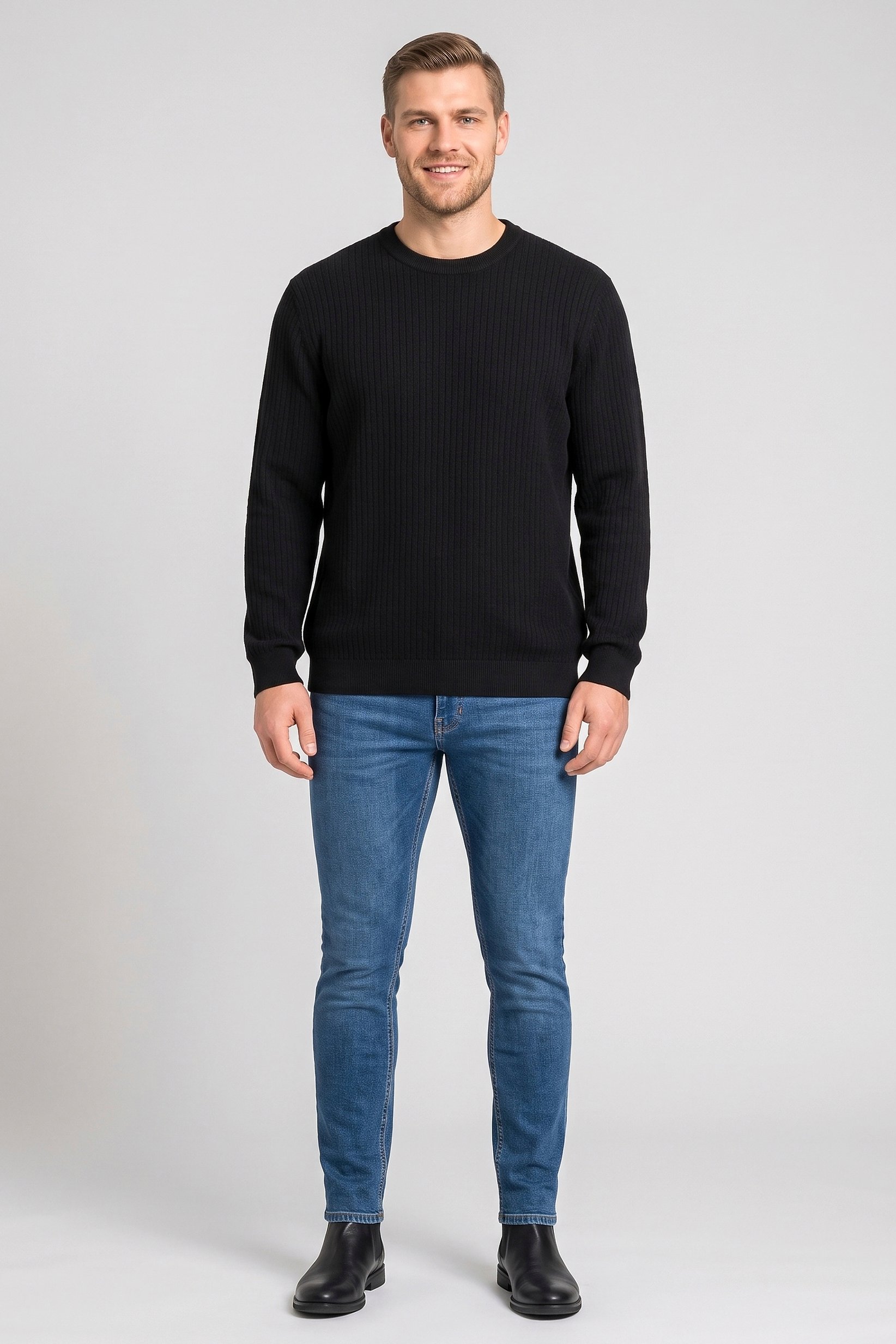 Men Crew Neck Long Sleeve Textured Sweater, Black