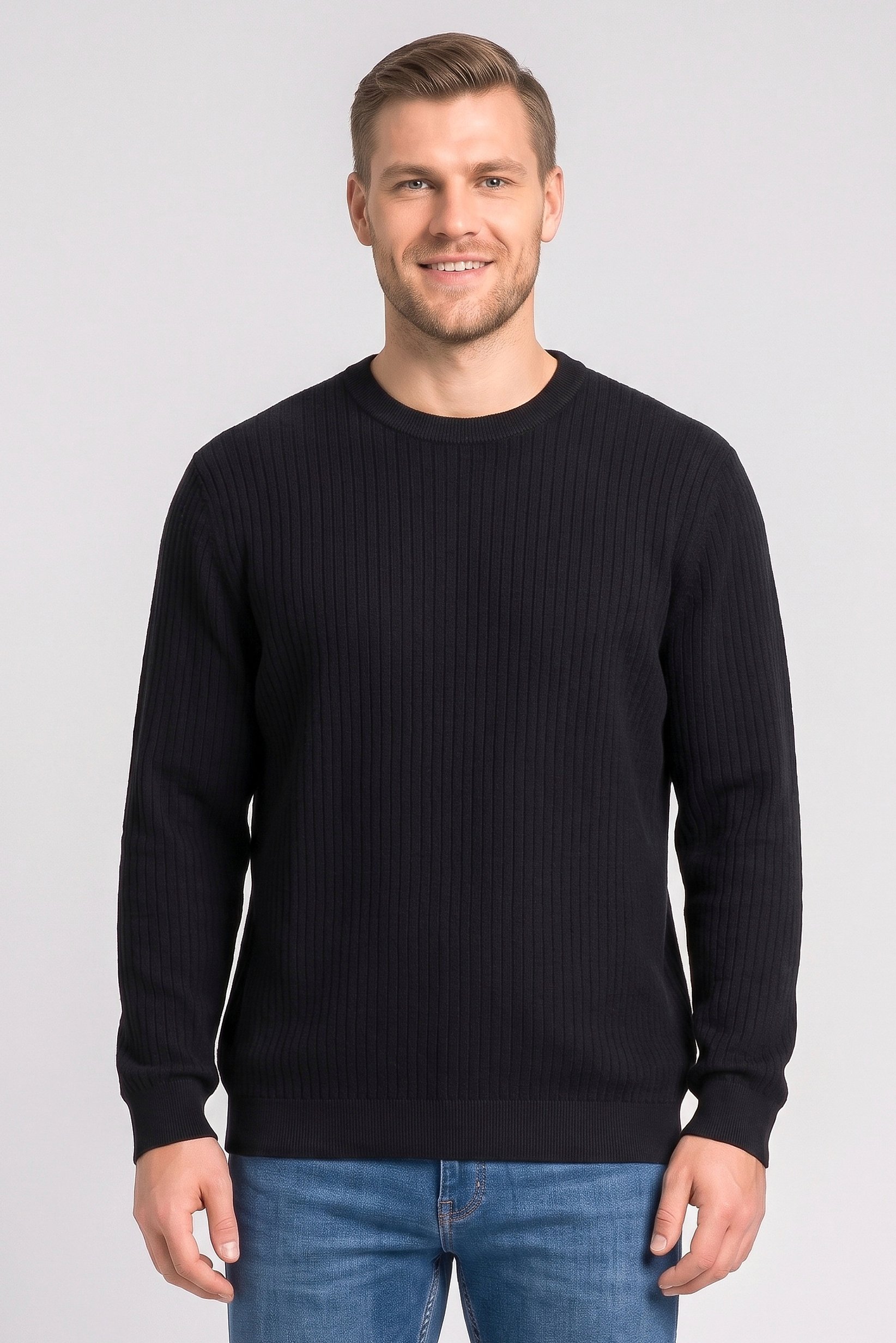 Men Crew Neck Long Sleeve Textured Sweater, Black