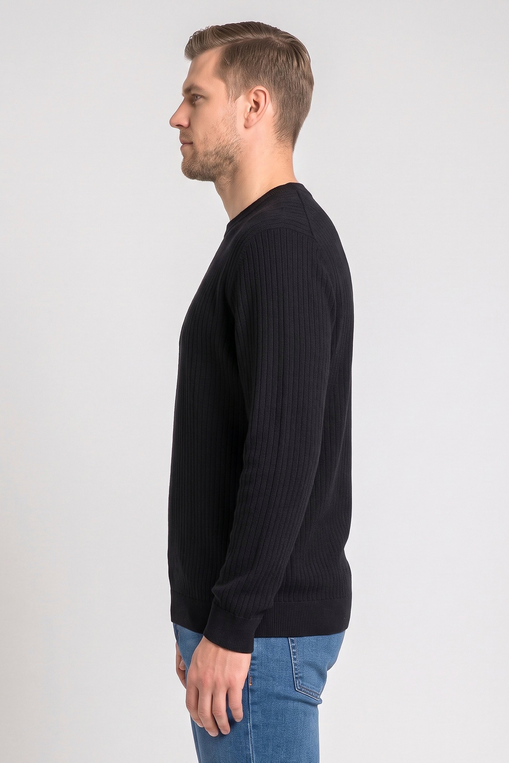 Men Crew Neck Long Sleeve Textured Sweater, Black
