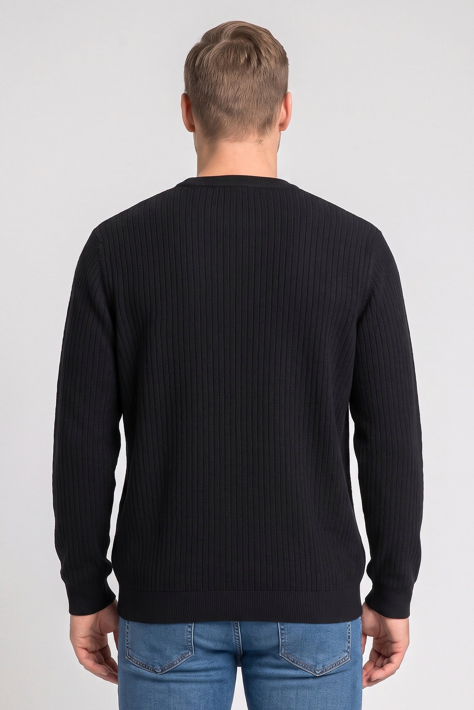 Men Crew Neck Long Sleeve Textured Sweater, Black