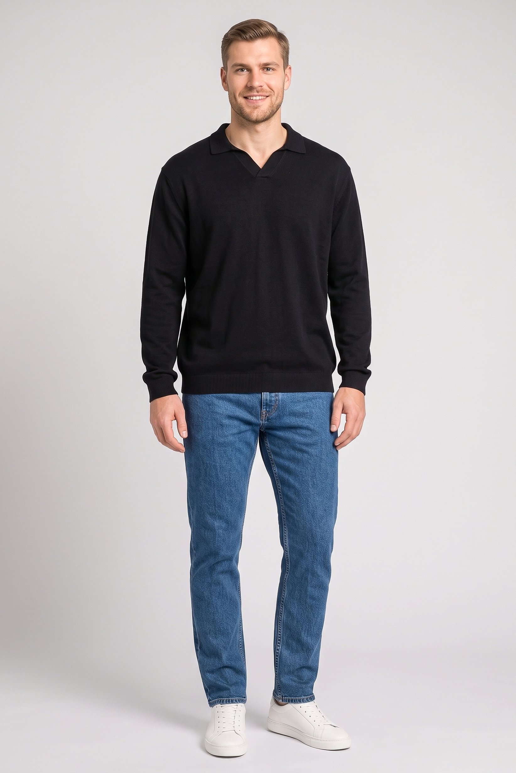 Men Spread Collar Knitted Sweater, Black