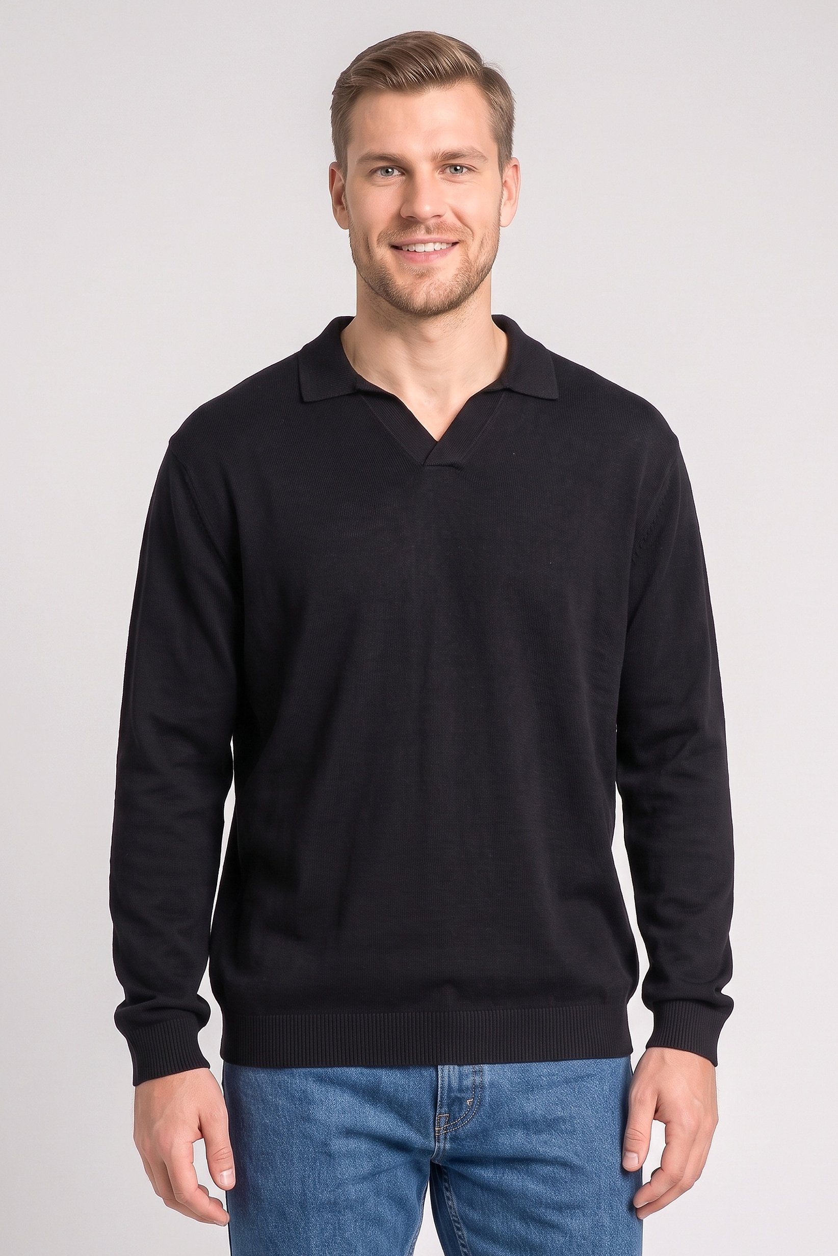 Men Spread Collar Knitted Sweater, Black